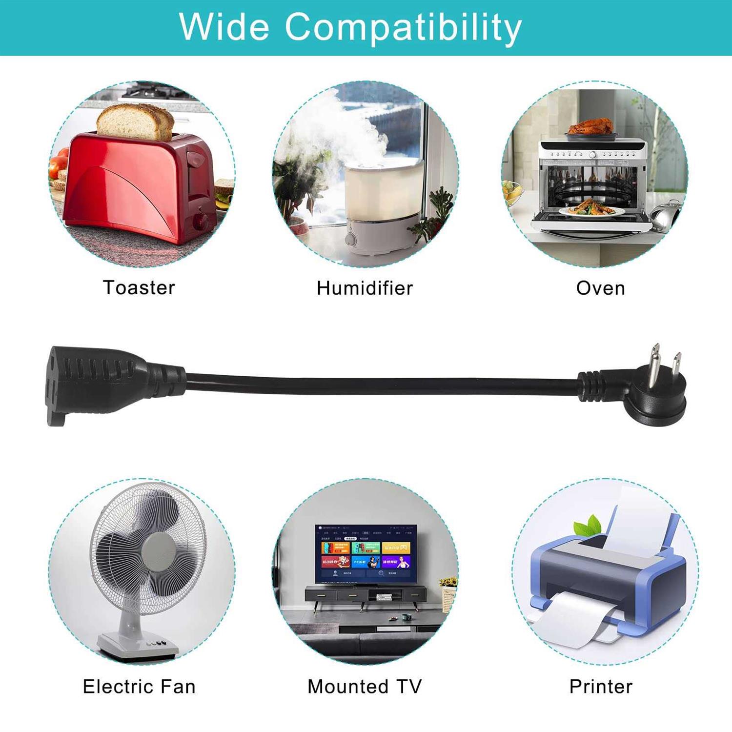 Short Flat Plug Extension Cord 1 Foot Low Profile Angle Flat Plug Ground 1FT Indoor AC Extension Cord Short 3 Prong Grounded Extension Cord SJT - Cheap Fitting