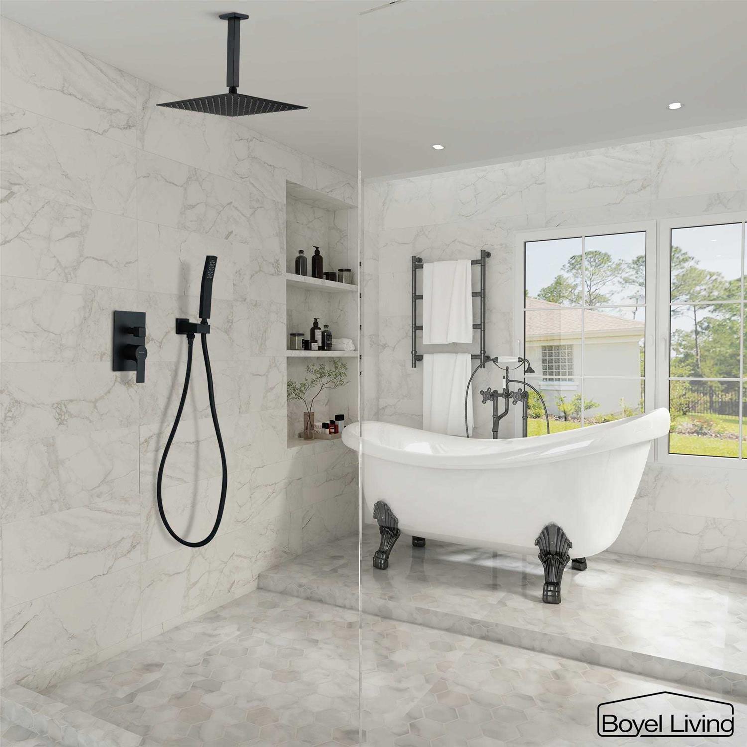 Boyel Living 1-Spray Patterns with 2.5 GPM 12 in. Ceiling Mount Dual Shower Heads with Pressure Balance Valve SMDBYL-88005B - Cheap Fitting