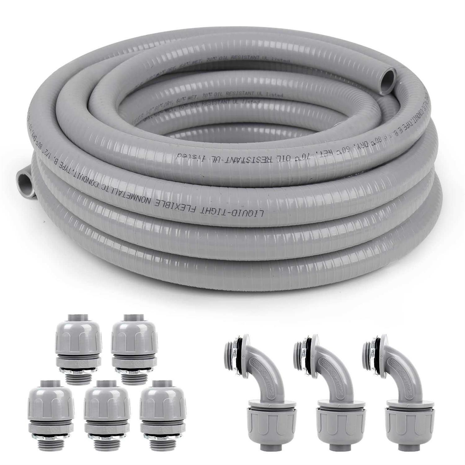 Elecoman Liquid-Tight Conduit and Connector Kit,Flexible Non Metallic Liquid Tight Electrical Conduit Kit with 5 Straight and 3 90 - Cheap Fitting