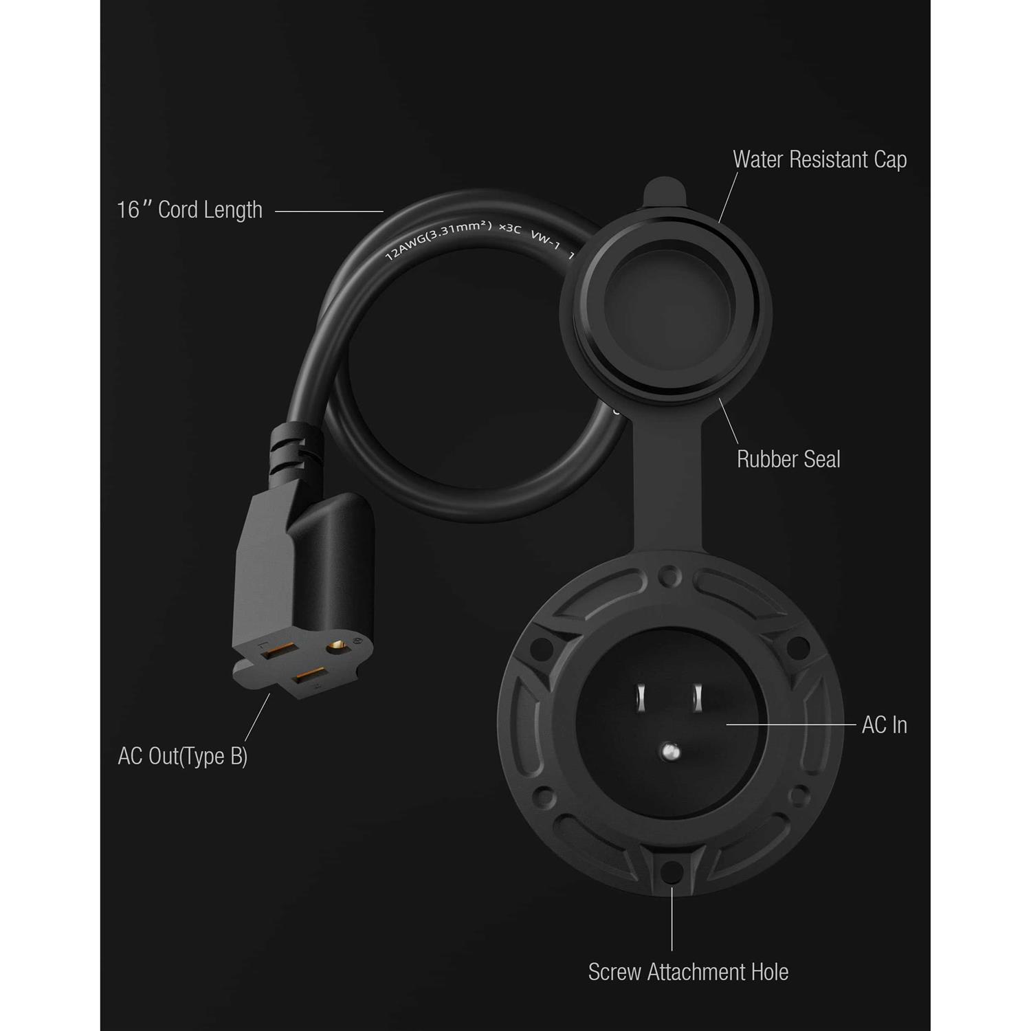 stio 15 Amp AC Port Plug, 125 Volt AC Power Inlet Socket with 16 Inch Extension Cord and Watertight Cap - Cheap Fitting