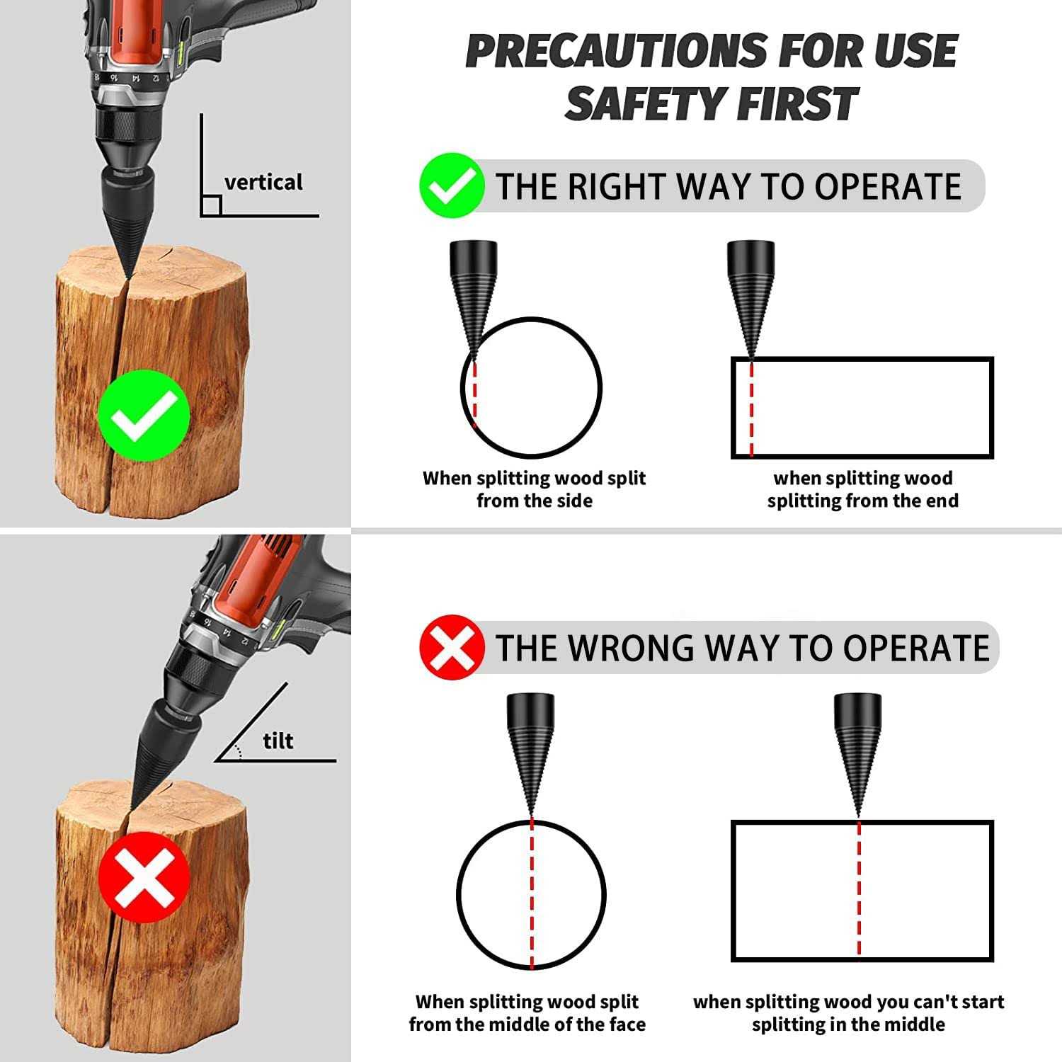 Firewood Log Splitter 45mm+32mm 6PCS Wood Log Splitter Firewood Detachable Drill Bit Heavy Duty Electric Drills Screw Cone Driver Hex + Square + - Cheap Fitting