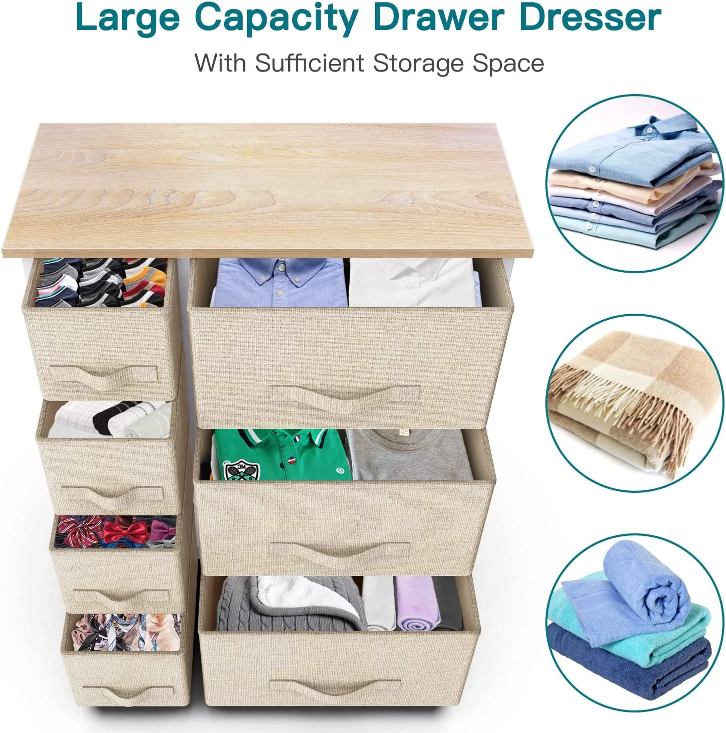 7 Drawer Fabric Dresser Wide Storage Tower with Wood Top Organizer Unit for Closet, Hallway, Entryway, Nursery Room, Bedroom, Living Room - Cheap Fitting