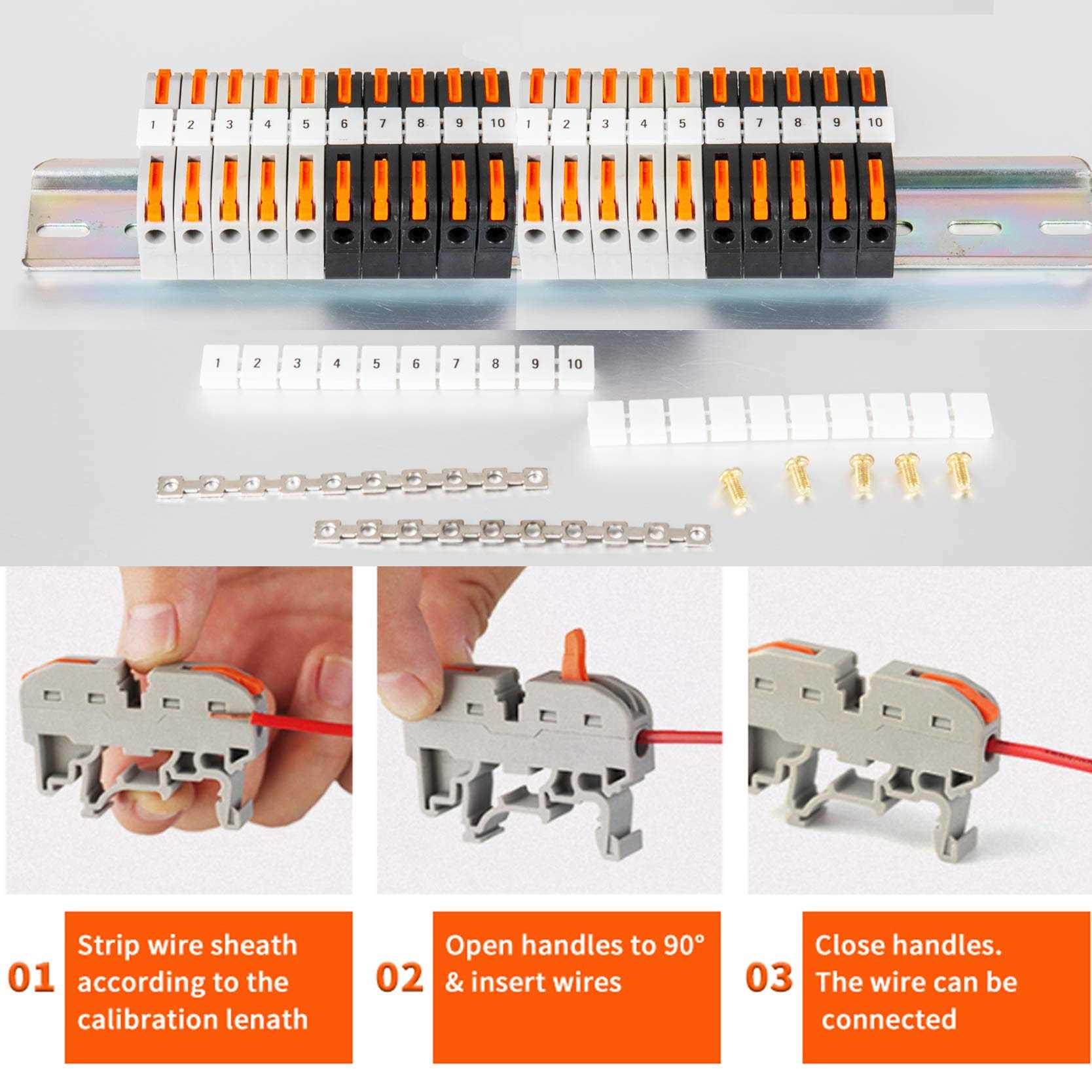 DIN Rail Terminal Blocks Kit with 20pcs Universal Compact Connectors 2pcs Connection Bar - Cheap Fitting