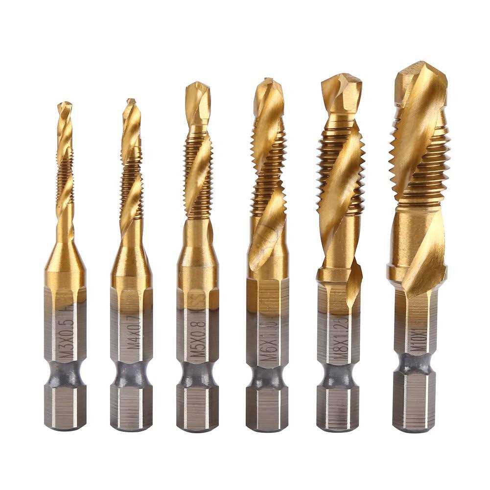 6pcs Combination Drill and Tap Set Metric Thread M3-M10 Screw Tapping Tool 1/4 Hex Shank Plated HSS - Cheap Fitting