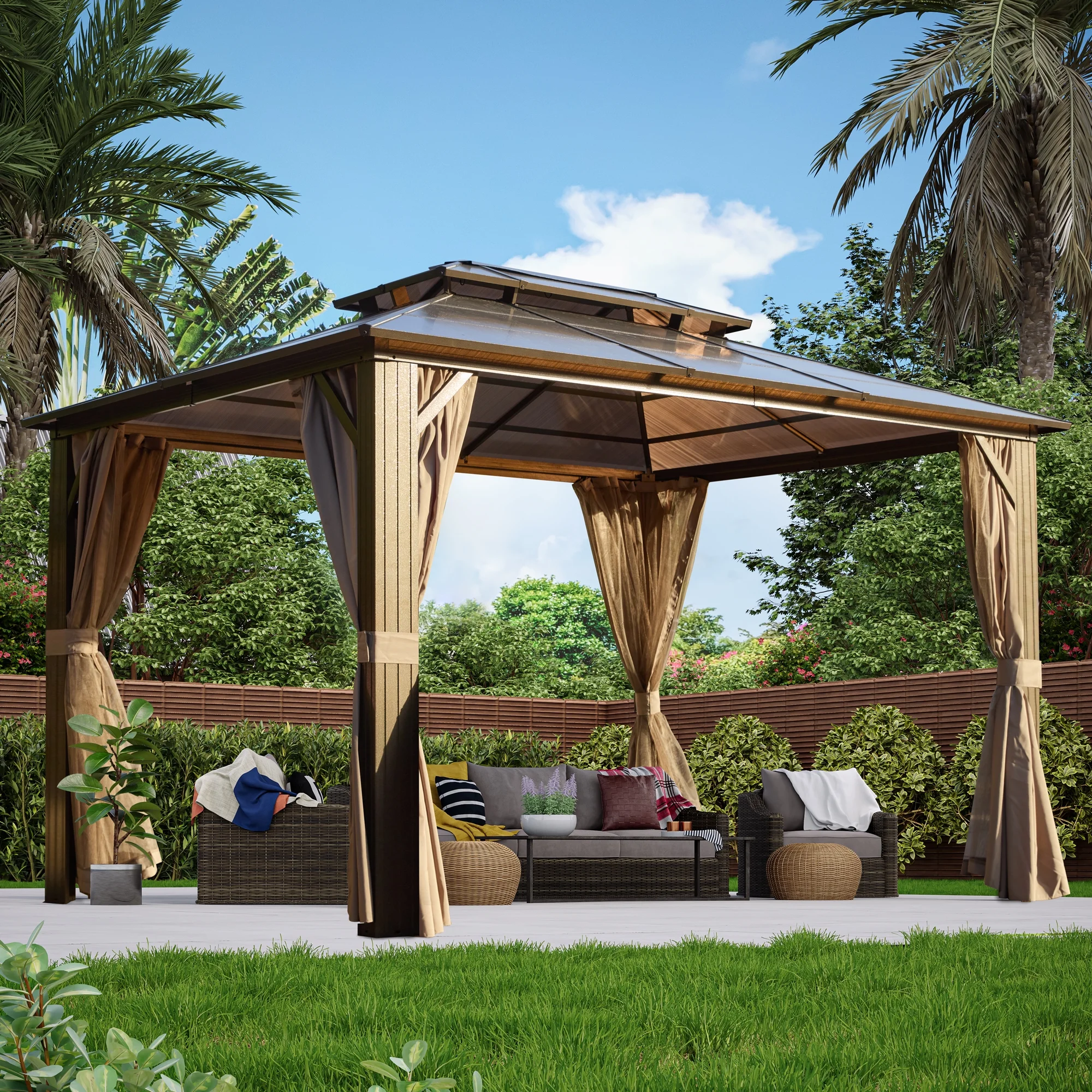 Yoleny 12'x16' Outdoor Polycarbonate Double Roof Hardtop 12 ft Gazebo Canopy, Brown - Cheap Fitting