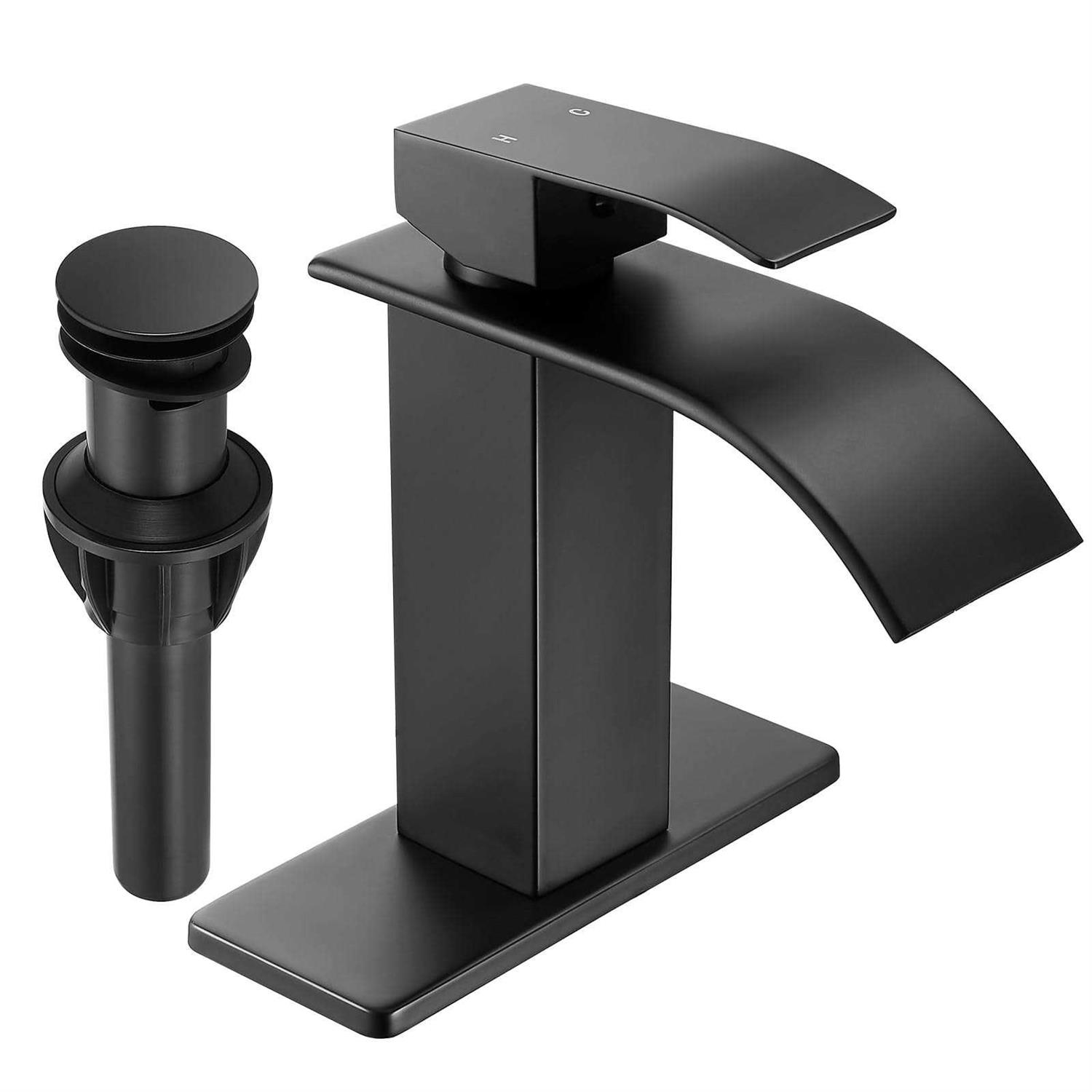 Fransiton Black Waterfall Bathroom Faucet Lavatory Single Handle 1 or 3 Hole Bathroom Sink Faucet Washbasin Faucet with Deck and Pop-up Drain - Cheap Fitting