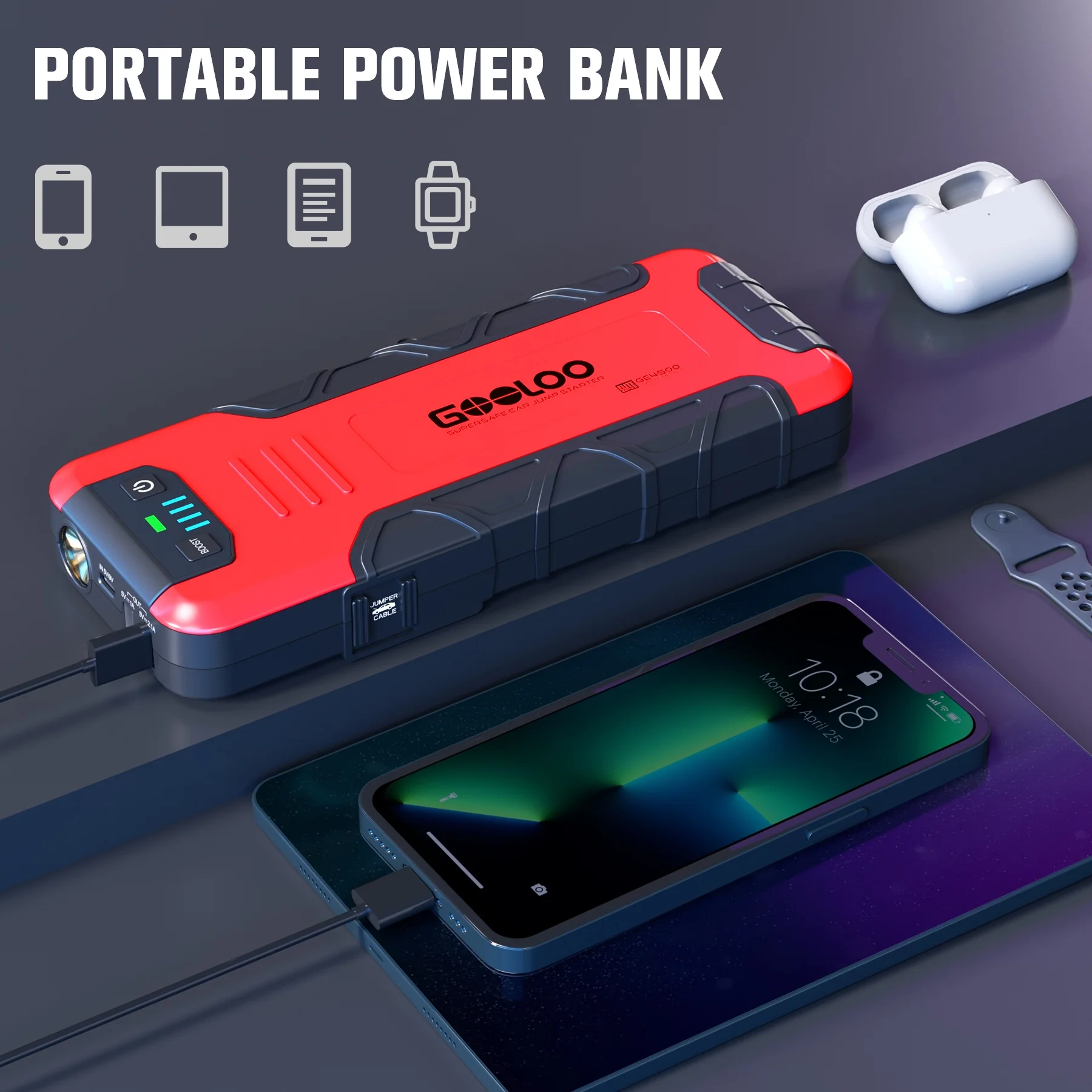 GOOLOO Car Battery Jump Starter,4500A Peak Jump Starter with USB Quick Charge (for 10L Gas or Up to 8L Diesel),GE4500 12V Jumper Pack with LED Light Powerful - Cheap Fitting