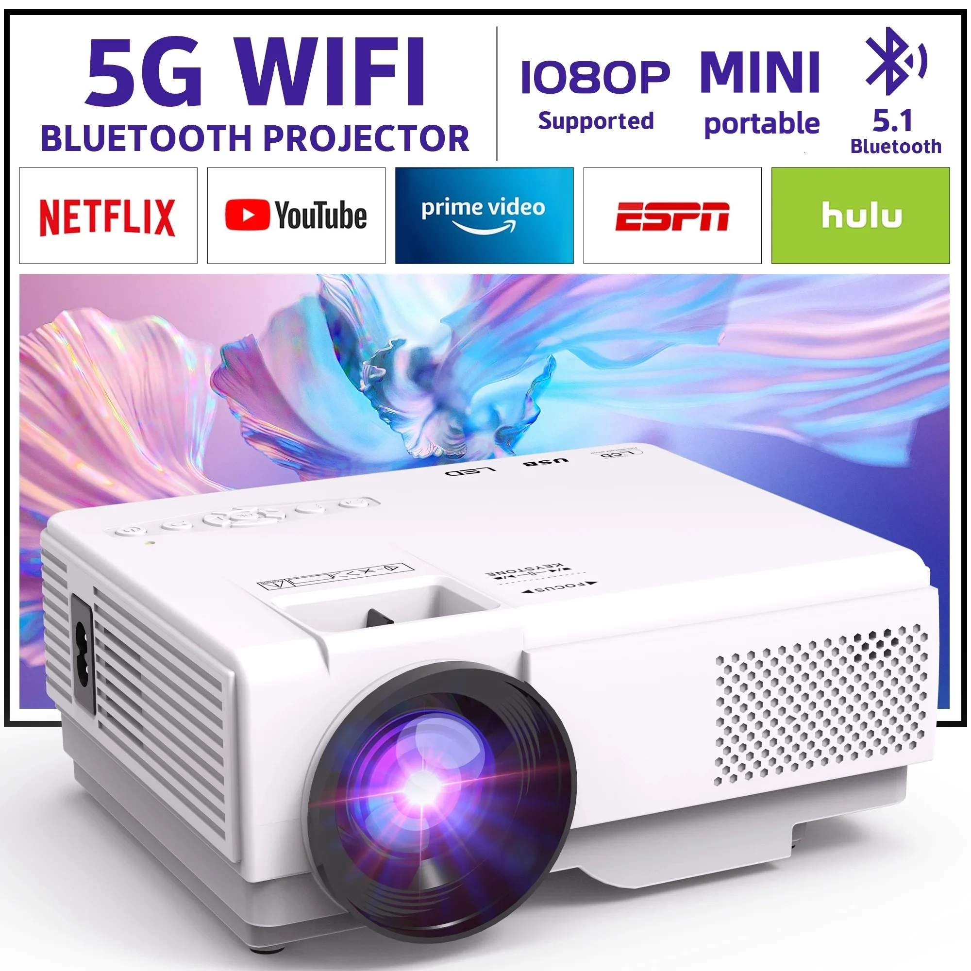 GCZ 5G Wifi Projector with Bluetooth 5.1, Full HD 1080P Mini Projector,  Movie Projector Support Sync Smart Phone, 180'' Display For Home Theater - Cheap Fitting