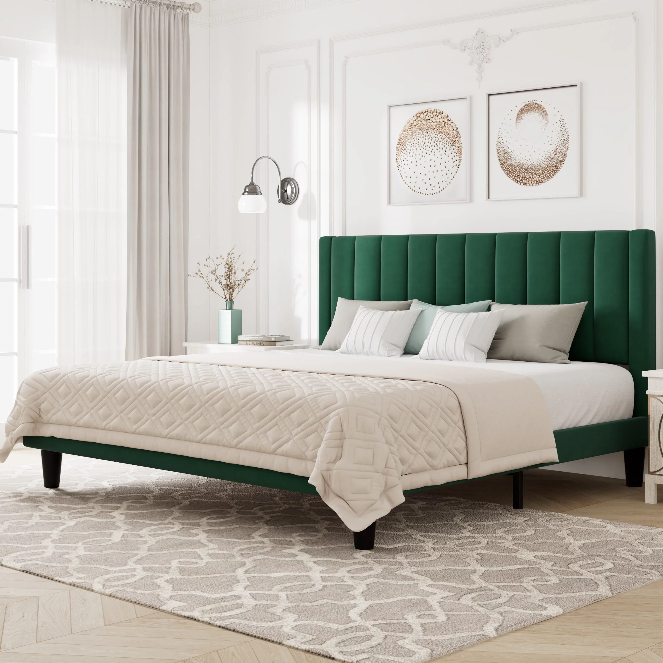 Allewie Queen Velvet Upholstered Bed Frame with Vertical Channel Tufted Headboard, Light Pink - Cheap Fitting