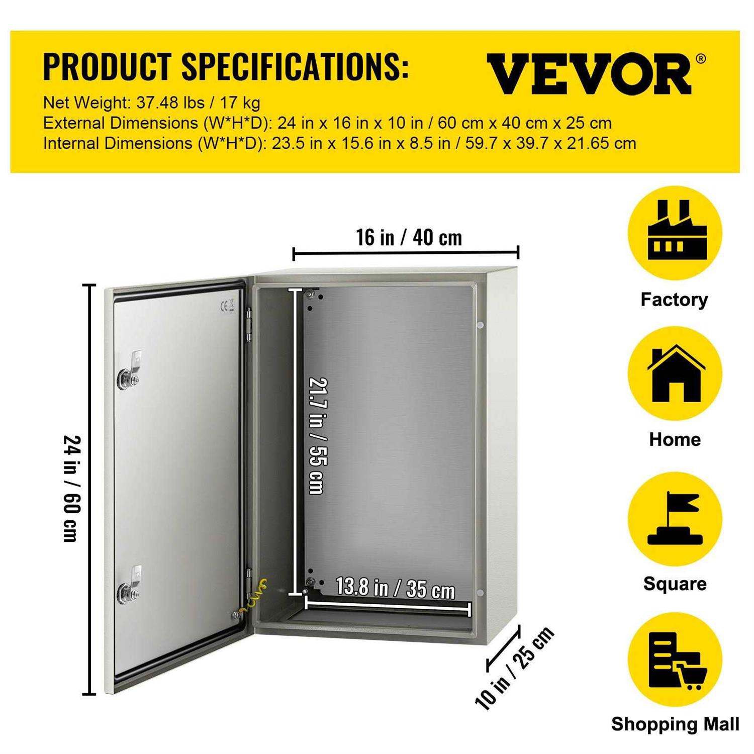 VEVOR Nema Steel Enclosure 24 x 16 x 10” Nema 4X Steel Electrical Box IP66 Waterproof & Dustproof Outdoor/Indoor Electrical Junction Box DQXJSTCFS60X40X25V0 - Cheap Fitting