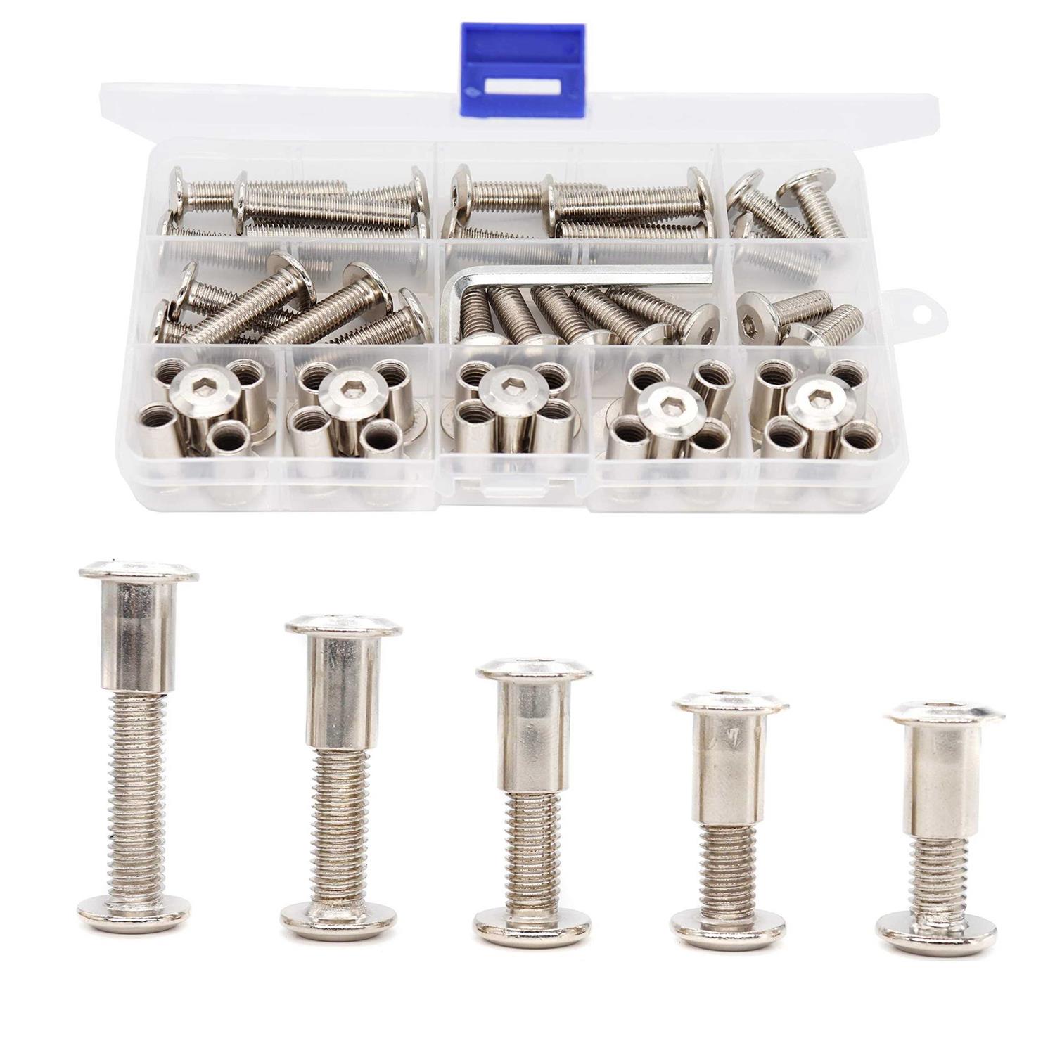 binifiMux 50pcs M8x20mm/25mm/30mm/35mm/40mm Rivet Countersunk Hex Socket Cap Bolts and Hex Head Barrel Nuts Assortment Kit for Furnitures Cribs - Cheap Fitting