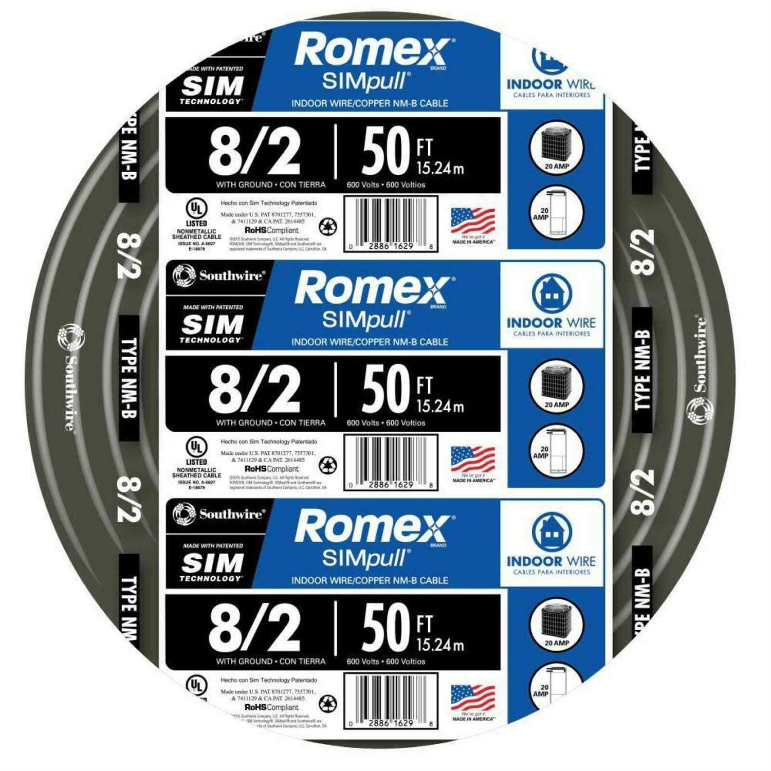 Southwire 50 ft. 8/2 Stranded Romex SIMpull Cu NM-B W/G Wire - Cheap Fitting