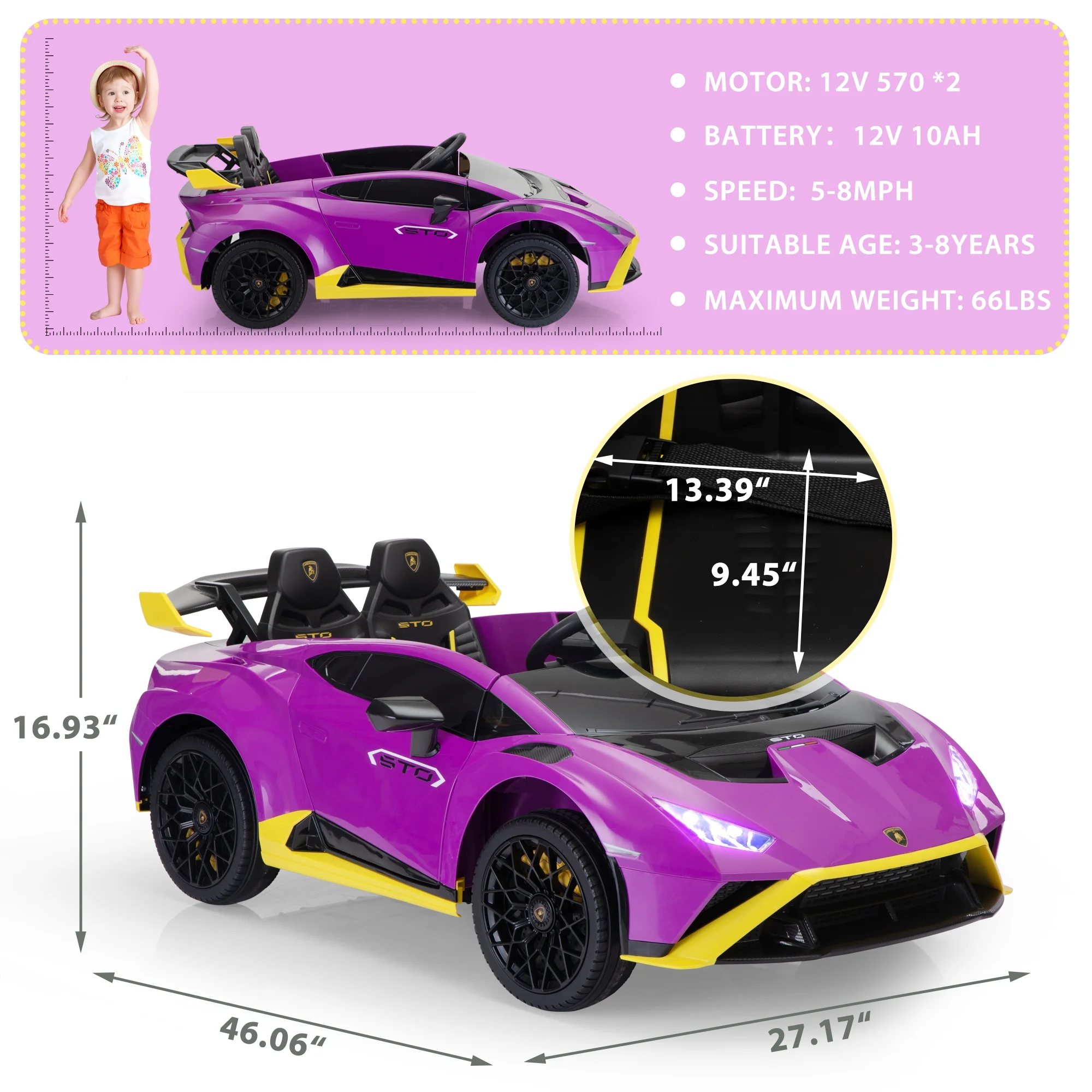 TOBBI 24V Lamborghini STO Licensed Kids Ride on Drift Car Gray Electric Car W/Remote Control LED Lights, up to 10 mph - Cheap Fitting