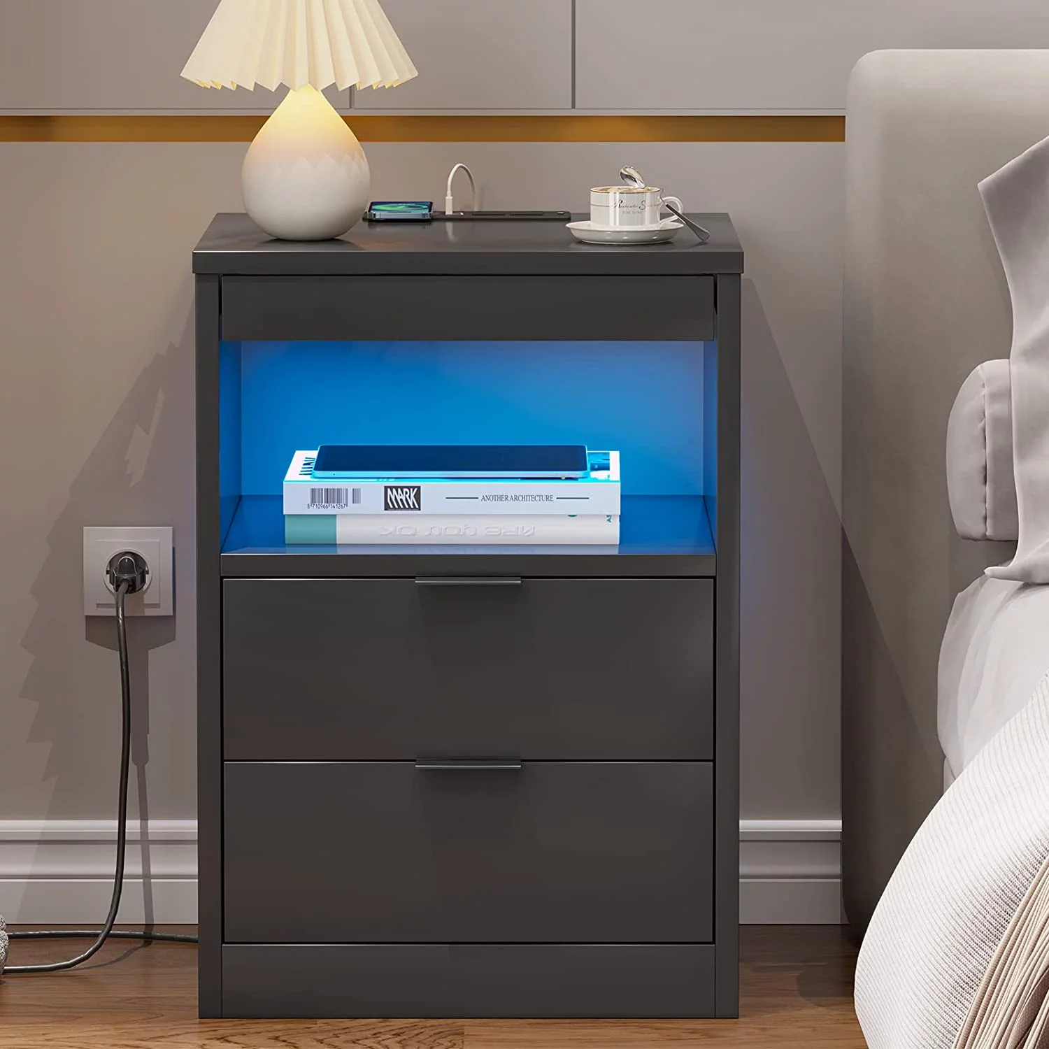 Aunfebrco Set of 2 Black LED Nightstand with Wireless Charging Station & 2 Drawers, Modern End Side Table Bedside Table for Bedroom - Cheap Fitting