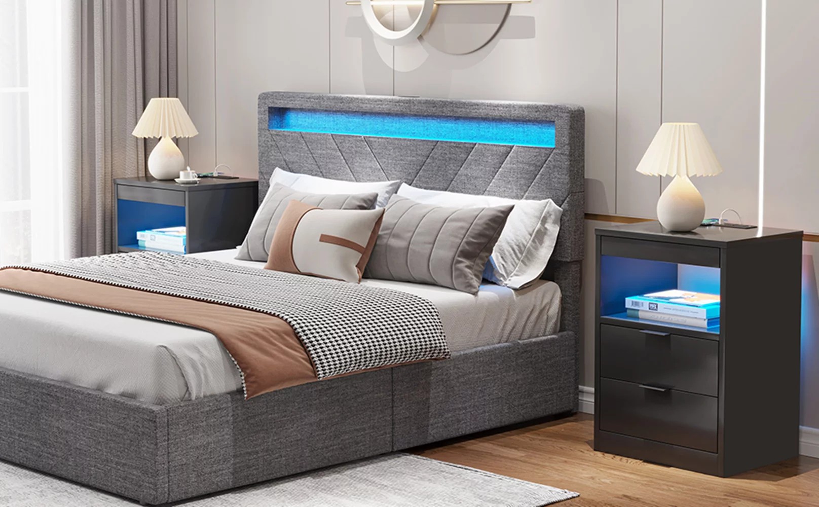 Aunfebrco Set of 2 Black LED Nightstand with Wireless Charging Station & 2 Drawers, Modern End Side Table Bedside Table for Bedroom - Cheap Fitting