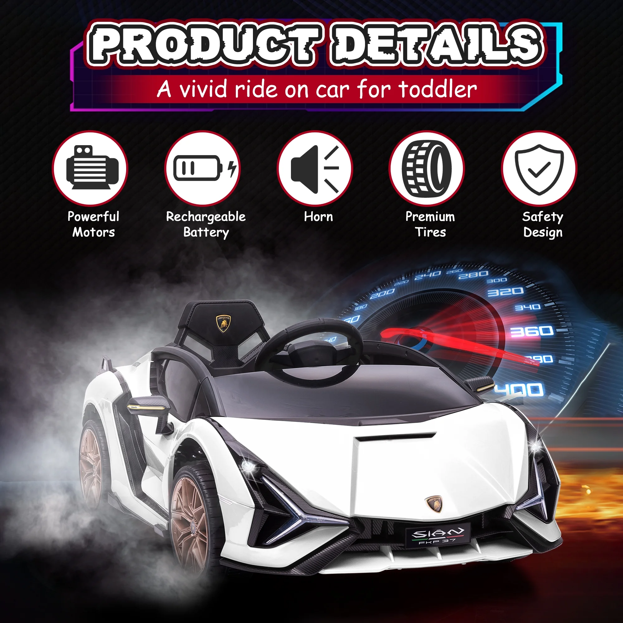 TOBBI 24V Lamborghini STO Licensed Kids Ride on Drift Car Gray Electric Car W/Remote Control LED Lights, up to 10 mph - Cheap Fitting