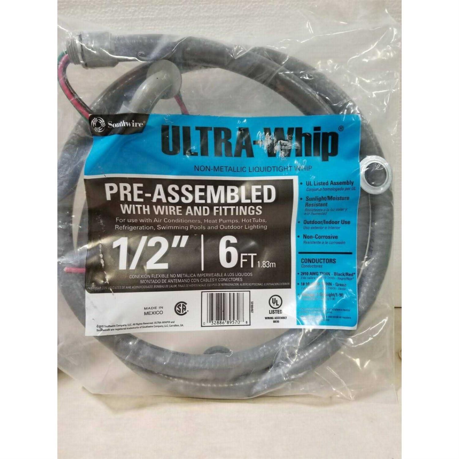 Southwire 1/2 x 6-ft Non-Metallic Liquidtight Whip - Cheap Fitting