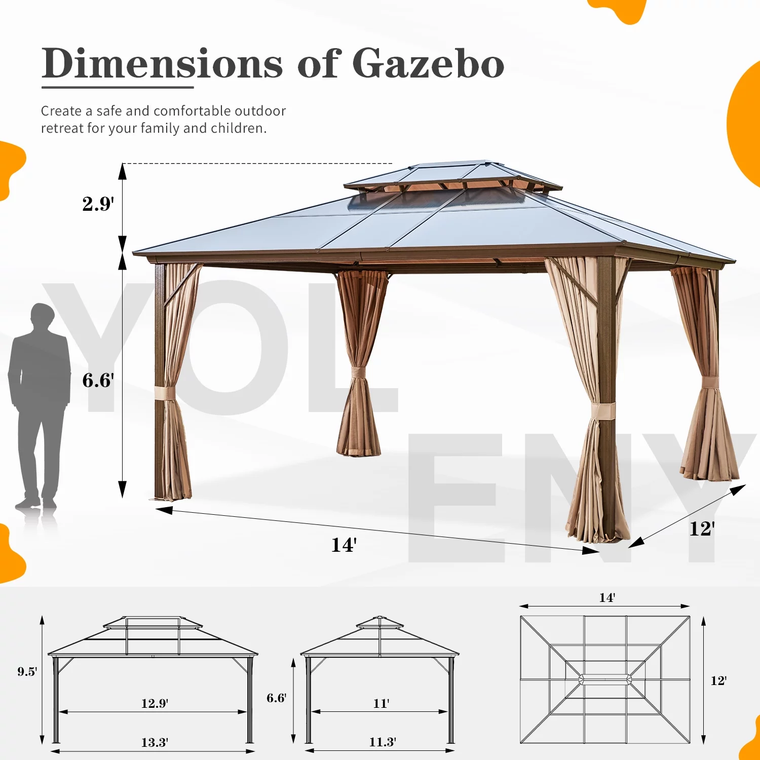 Yoleny 12'x16' Outdoor Polycarbonate Double Roof Hardtop 12 ft Gazebo Canopy, Brown - Cheap Fitting