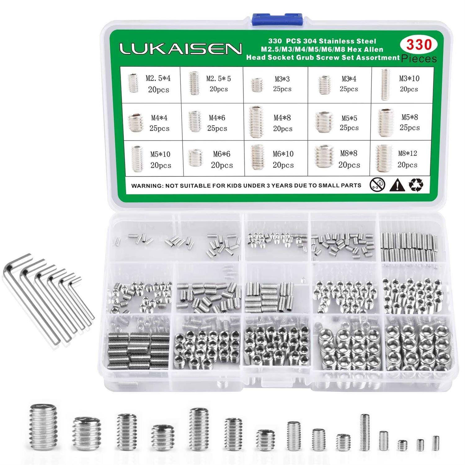 LuKaiSen Set Screws 330PCS 15 Size M2.5 M3 M4 M5 M6 M8 304 Stainless Steel Allen Head Socket Grub Screw Assortment kit with Internal Hex Drive - Cheap Fitting