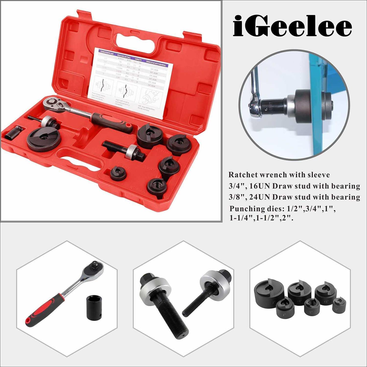 iGeelee Ratchet Knockout Hole Punch Driver Kits 1/2 to 2 inch SLUG-Buster Knockout Electrical Conduit Hole Cutter Sets KO Tool Kit - Cheap Fitting