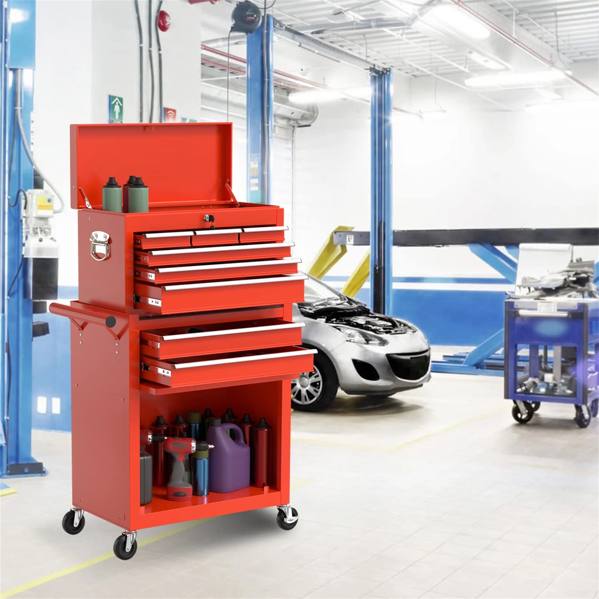 Aukfa Tool Chest, 2 in 1 Steel Rolling Tool Box & Cabinet On Wheels for Garage, 8-Drawer, Blue - Cheap Fitting