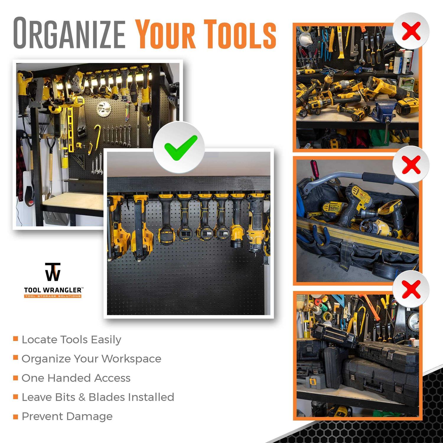 Tool Wrangler Organization For Dewalt 20V Tools & Batteries Black 18pc Combo 10+8 = 10 Dewalt Tool Holder + 8 Dewalt Battery Holder - Cheap Fitting