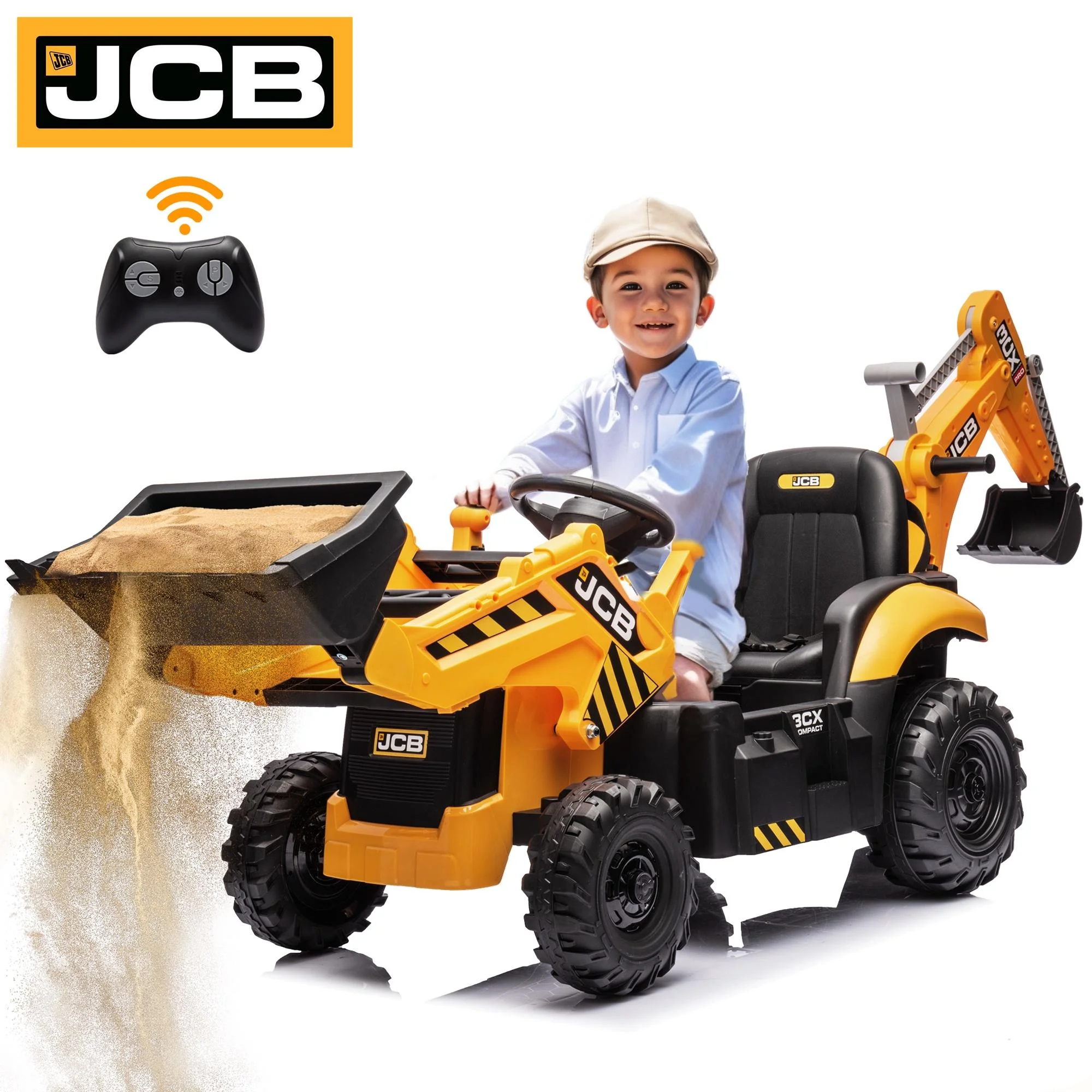 JCB 24V Ride on Excavator with Front&Back Loader 3in1 Kids Ride on Car with Remote Control Electric Construction for 3-6 Years Old Boys and Girls, Backhoe Ride on, Yellow - Cheap Fitting