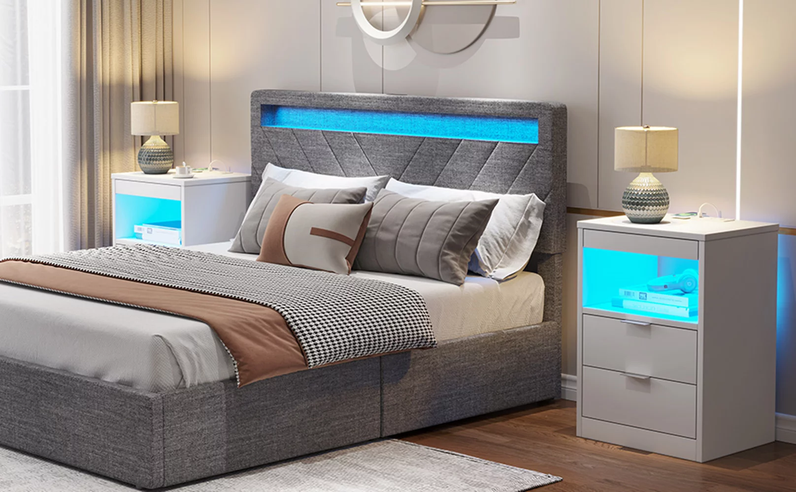 Aunfebrco Set of 2 Black LED Nightstand with Wireless Charging Station & 2 Drawers, Modern End Side Table Bedside Table for Bedroom - Cheap Fitting