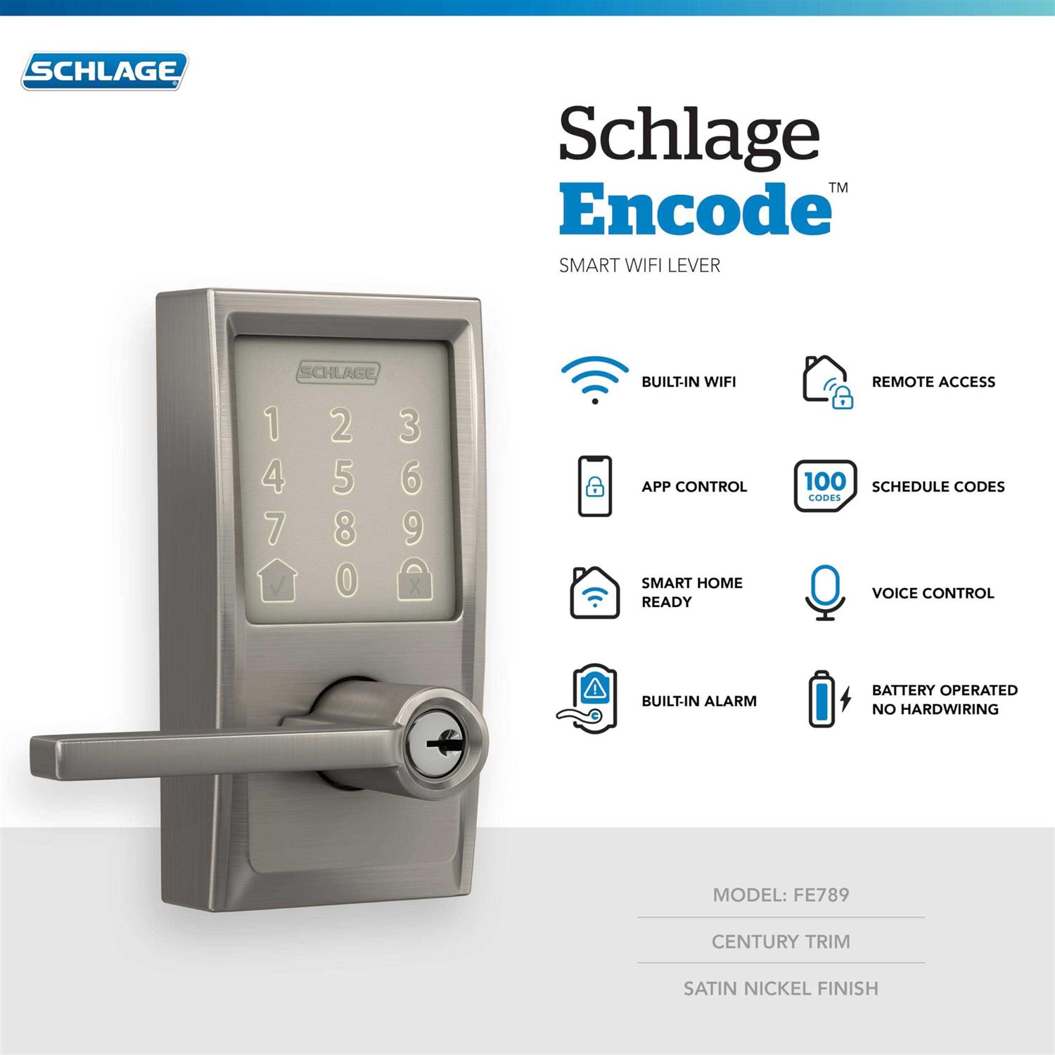 Schlage Fe789wb-Cen-Lat Encode WiFi Enabled Electronic Keypad Latitude Door Lever with Century Trim - Cheap Fitting