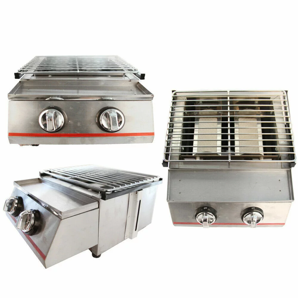 2 Burners Portable BBQ Table Top Camping Gas Smokeless Grill Stainless Steel - Cheap Fitting
