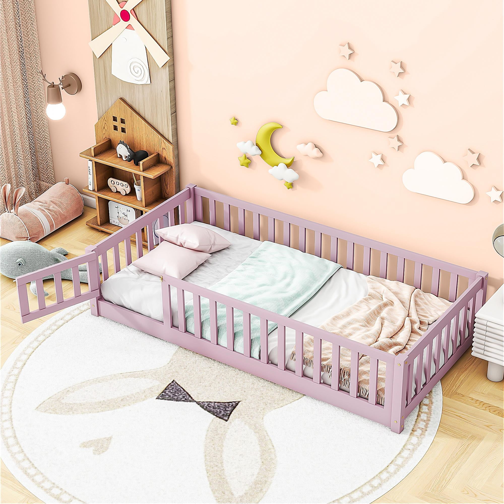 uhomepro Kids Toddler Bed with Fence and Door, Full Size Platform Bed Floor Bed, Wood Bed Frame No Box Spring Needed, Gray - Cheap Fitting