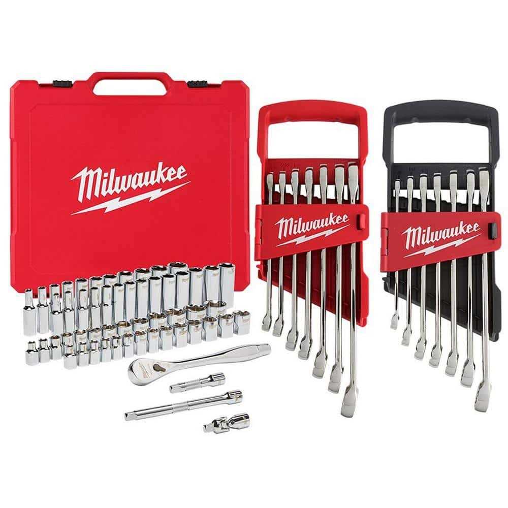 Milwaukee 3/8 in. Drive SAE/Metric Ratchet and Socket Mechanics Tool Set with SAE/Metric Combination Wrenches - Cheap Fitting