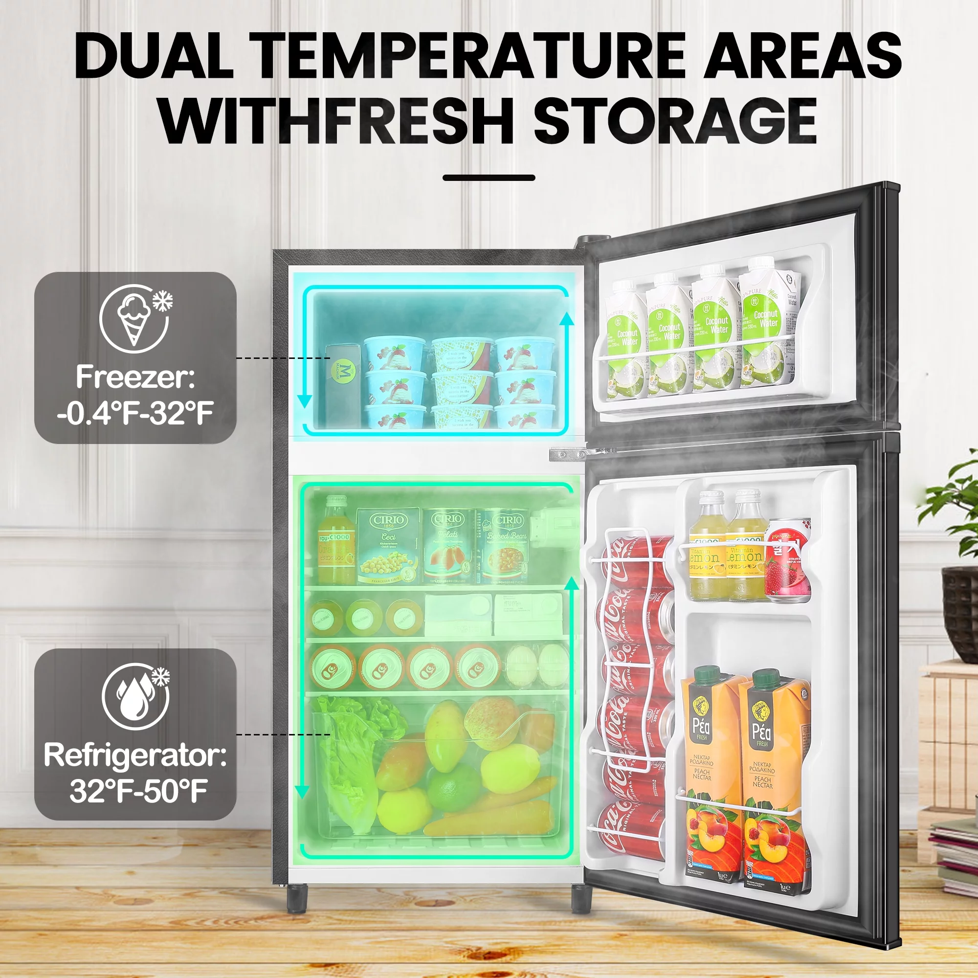 WANAI 3.5 Cu ft Two Door Mini Fridge with Freezer, Black - Cheap Fitting
