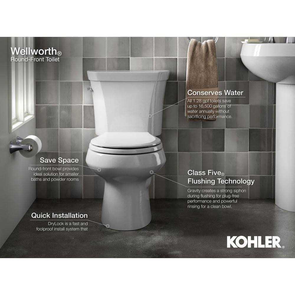 Kohler K-3577-RA-0 Wellworth Classic Two-Piece Round-front 1.28 GPF Toilet with Right-Hand Trip Lever - Cheap Fitting