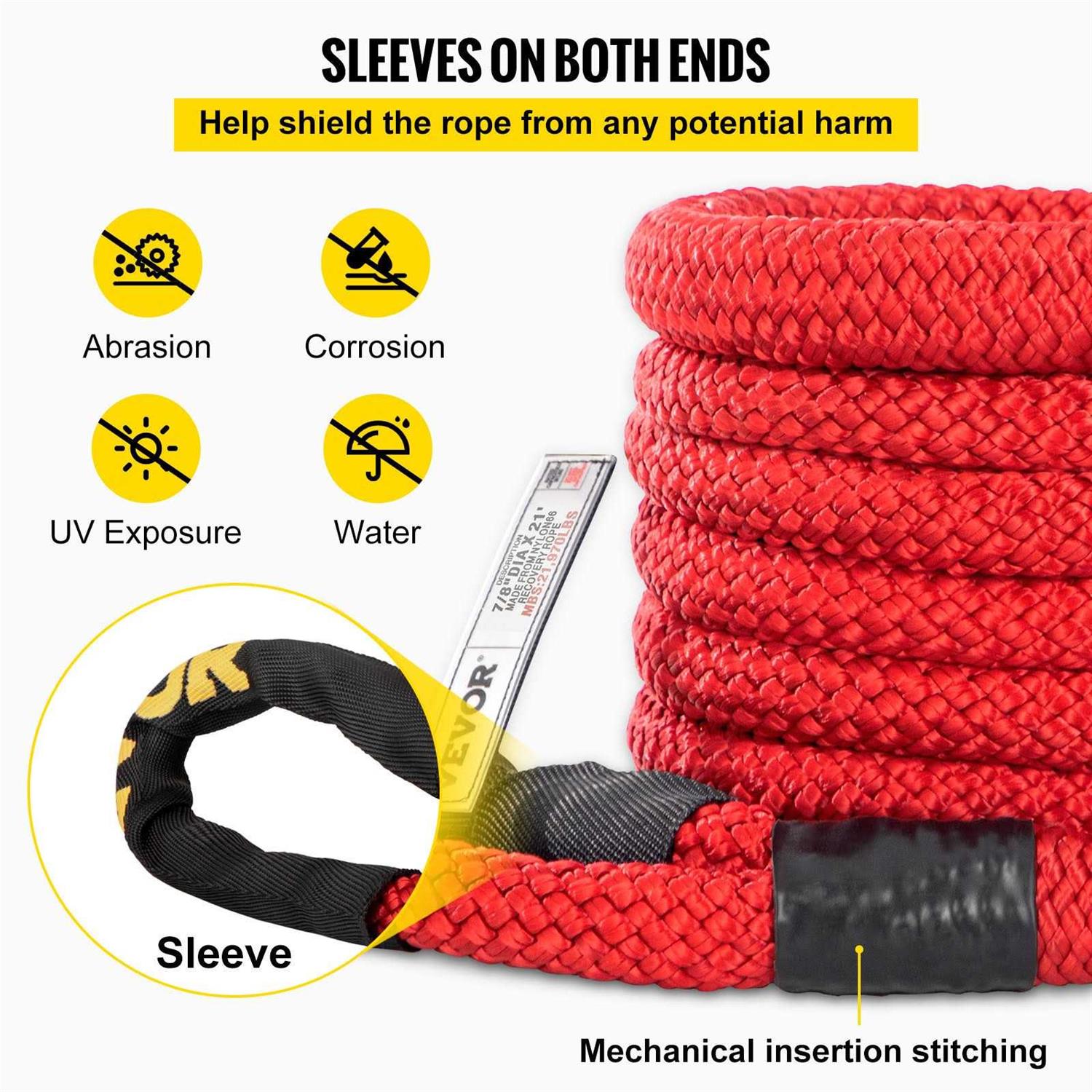 Vevor 31.5′ Recovery Tow Rope Heavy Duty Nylon Double Braided Kinetic Energy Rope w/ Loops and Protective Sleeves - Cheap Fitting