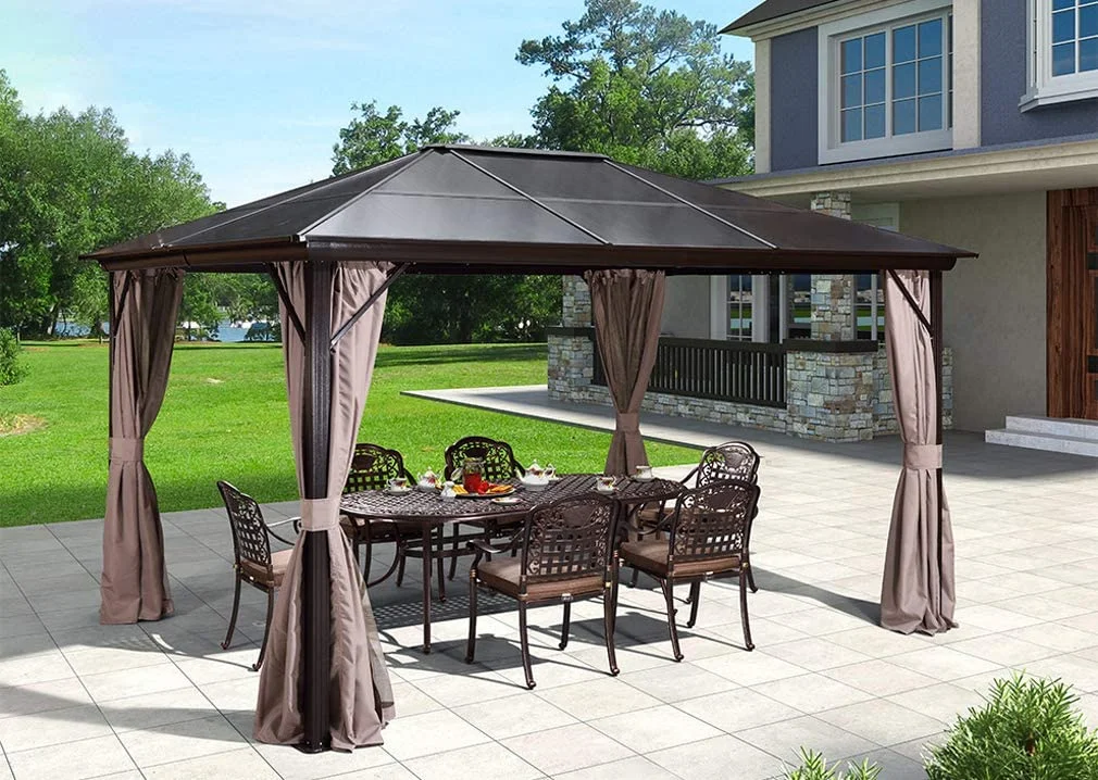 Yoleny 12'x16' Outdoor Polycarbonate Double Roof Hardtop 12 ft Gazebo Canopy, Brown - Cheap Fitting