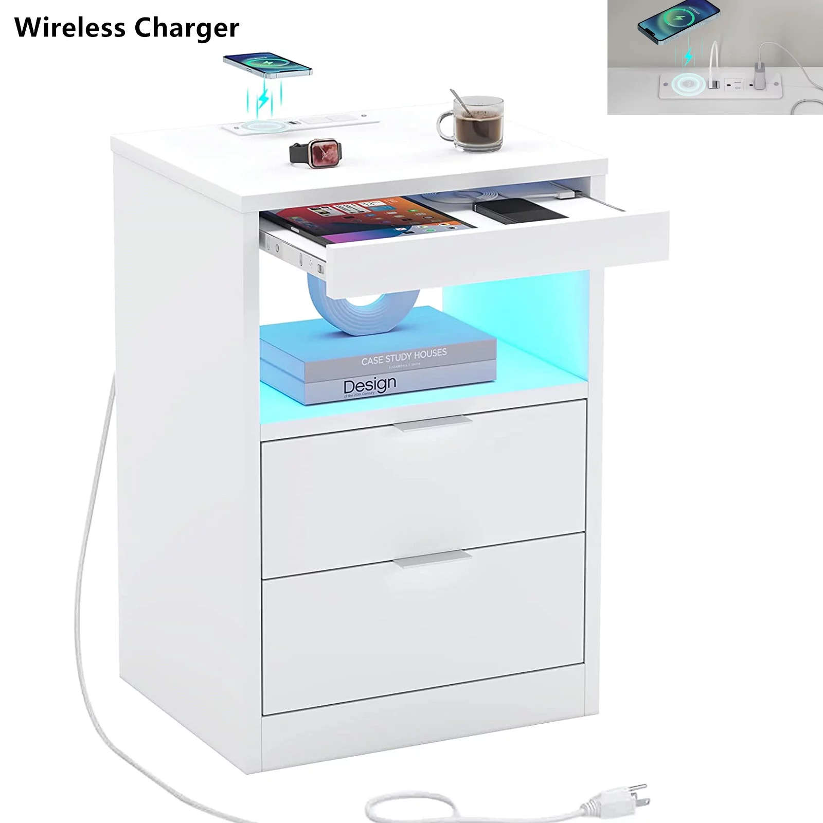 Aunfebrco Set of 2 Black LED Nightstand with Wireless Charging Station & 2 Drawers, Modern End Side Table Bedside Table for Bedroom - Cheap Fitting