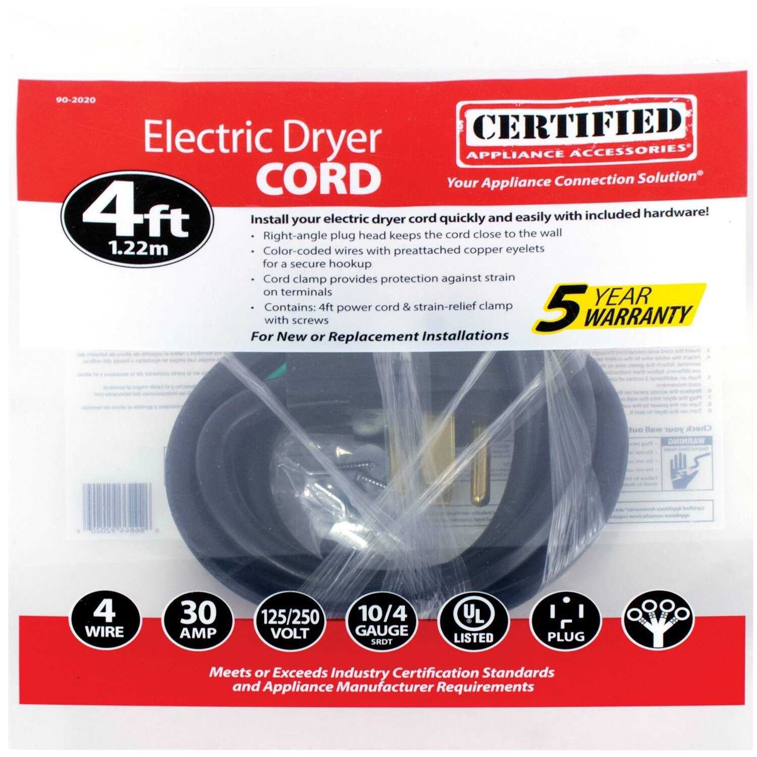 Certified Appliance Accessories 4-Wire Eyelet 30-Amp Dryer Cord 90-2020 - Cheap Fitting