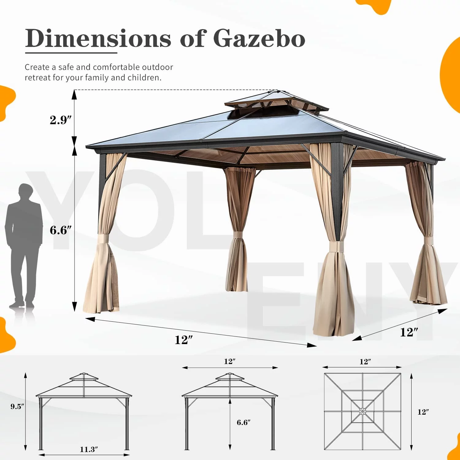 Yoleny 12'x16' Outdoor Polycarbonate Double Roof Hardtop 12 ft Gazebo Canopy, Brown - Cheap Fitting