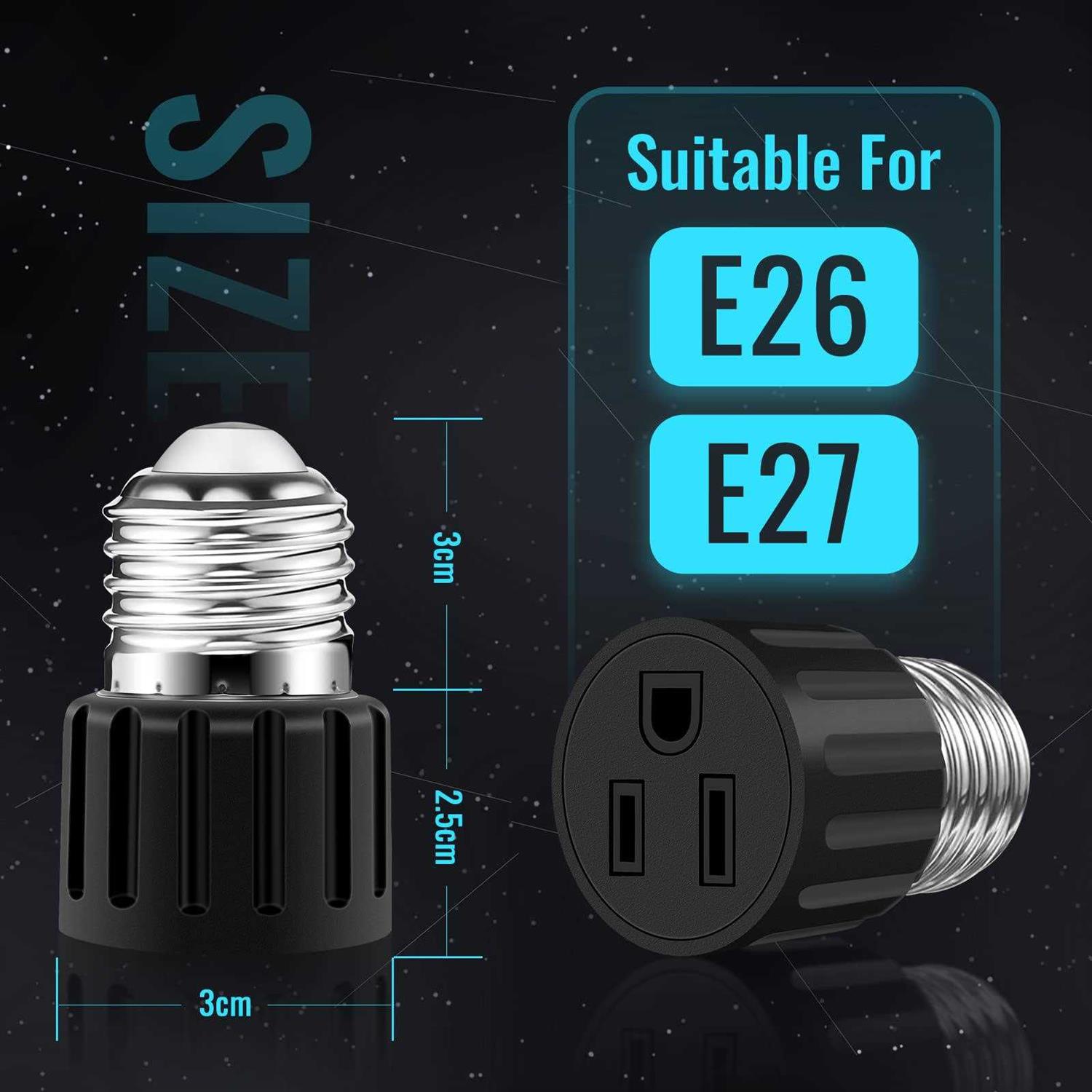 2 Packs ABORNI E26/E27 3 Prong Light Socket to Plug Adapter - Cheap Fitting