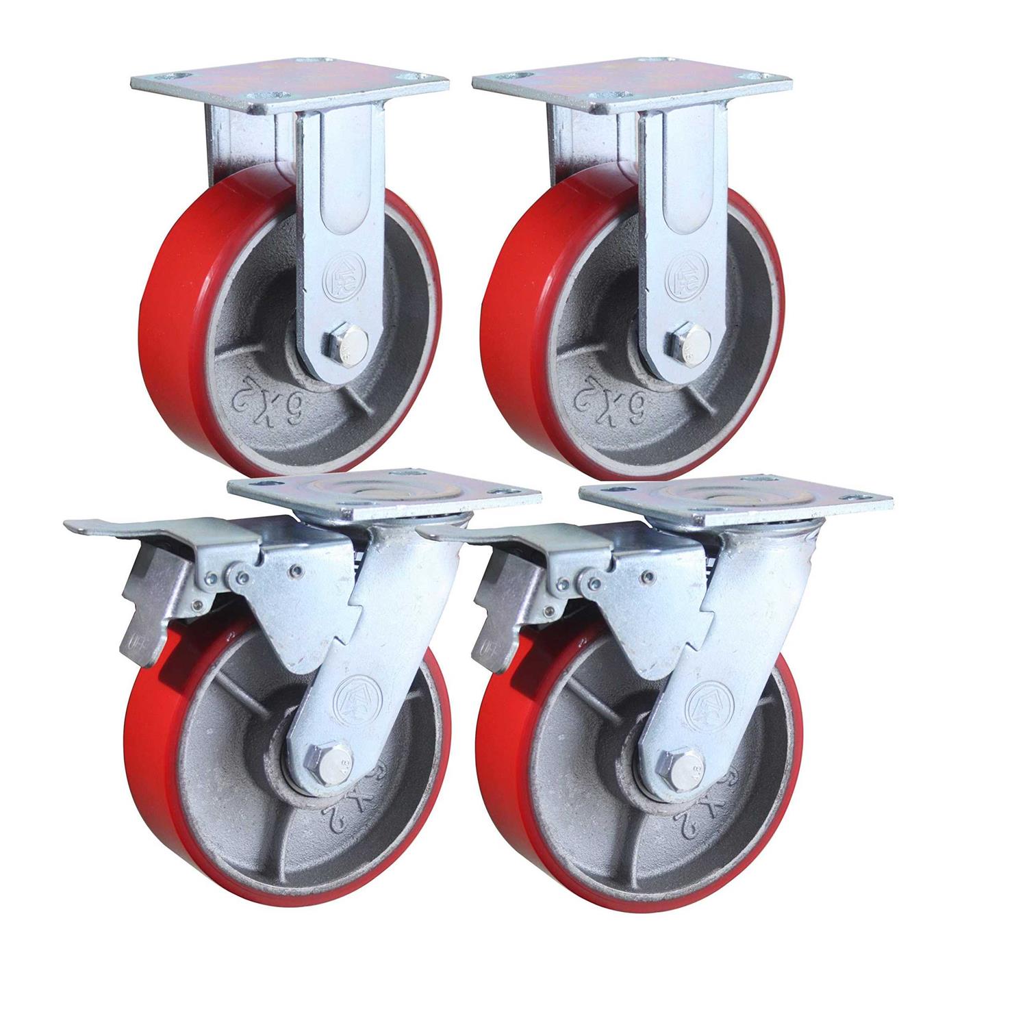 6 Inch 6 X 2 Industrial Casters 2 Fixed and 2 Swivel Caster Wheels with Brakes - Cheap Fitting
