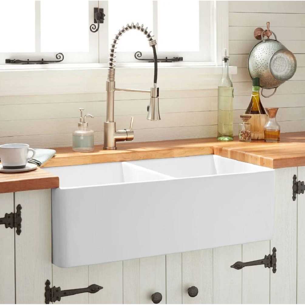 Signature Hardware 33 Reinhard Double Bowl Fireclay Farmhouse Sink 393672 - Cheap Fitting