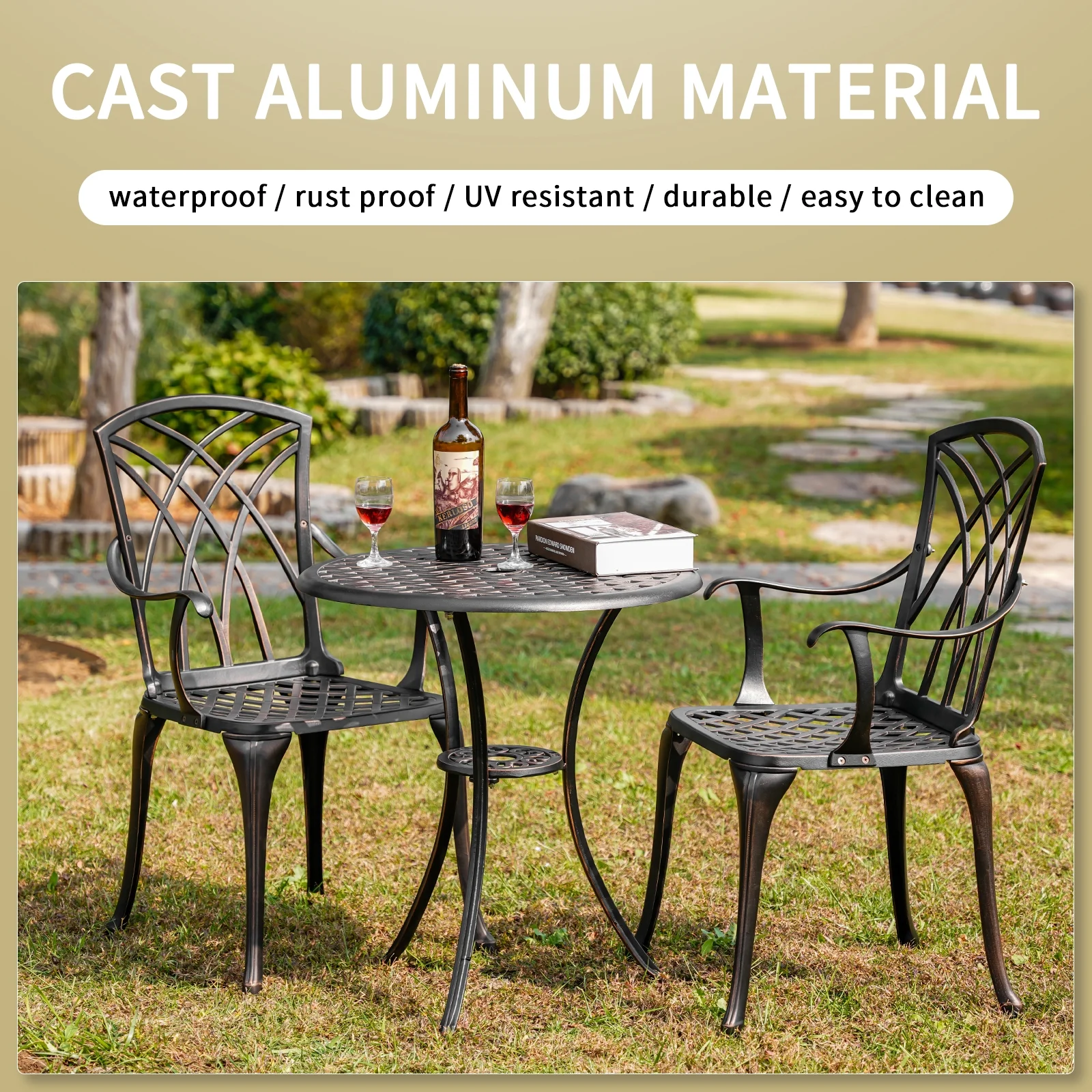Withniture 3 Piece Outdoor Bistro Set Round Patio Table and Chairs with 2