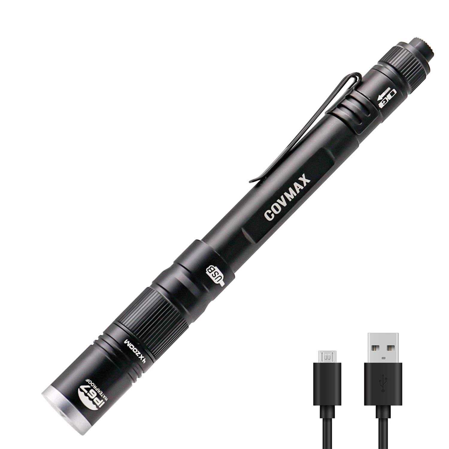 COVMAX Rechargeable Pen Light Flashlight IP67 Waterproof with Pocket Clip 4-Zoomable - Cheap Fitting