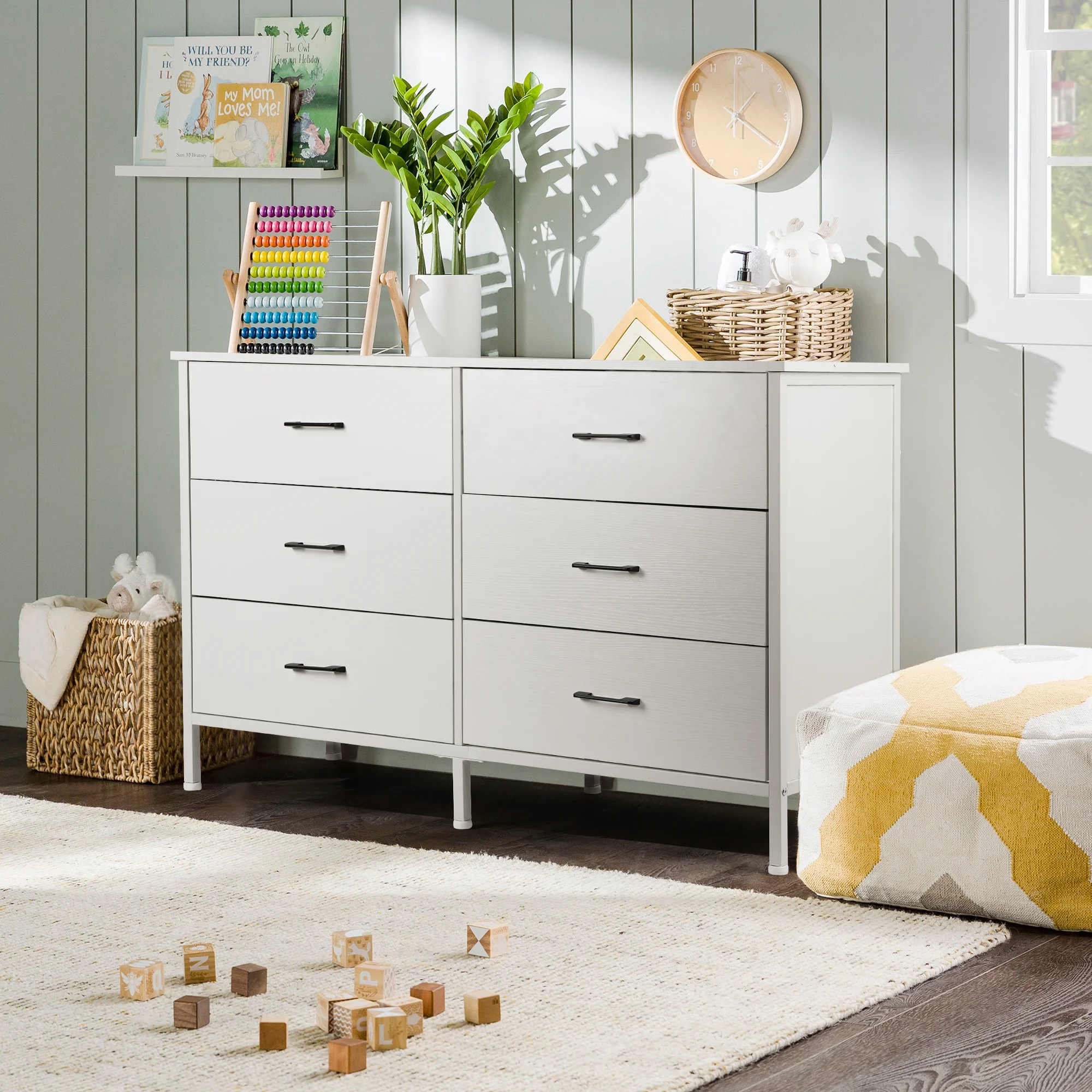 47.3'' Drawer Dresser Chest of 6 Drawers, Storage Dresser Tower for Bedroom, Living Room, Hallway, Nursery, White Storage Cabinet Wooden Dresser with Steel Frame, White - Cheap Fitting