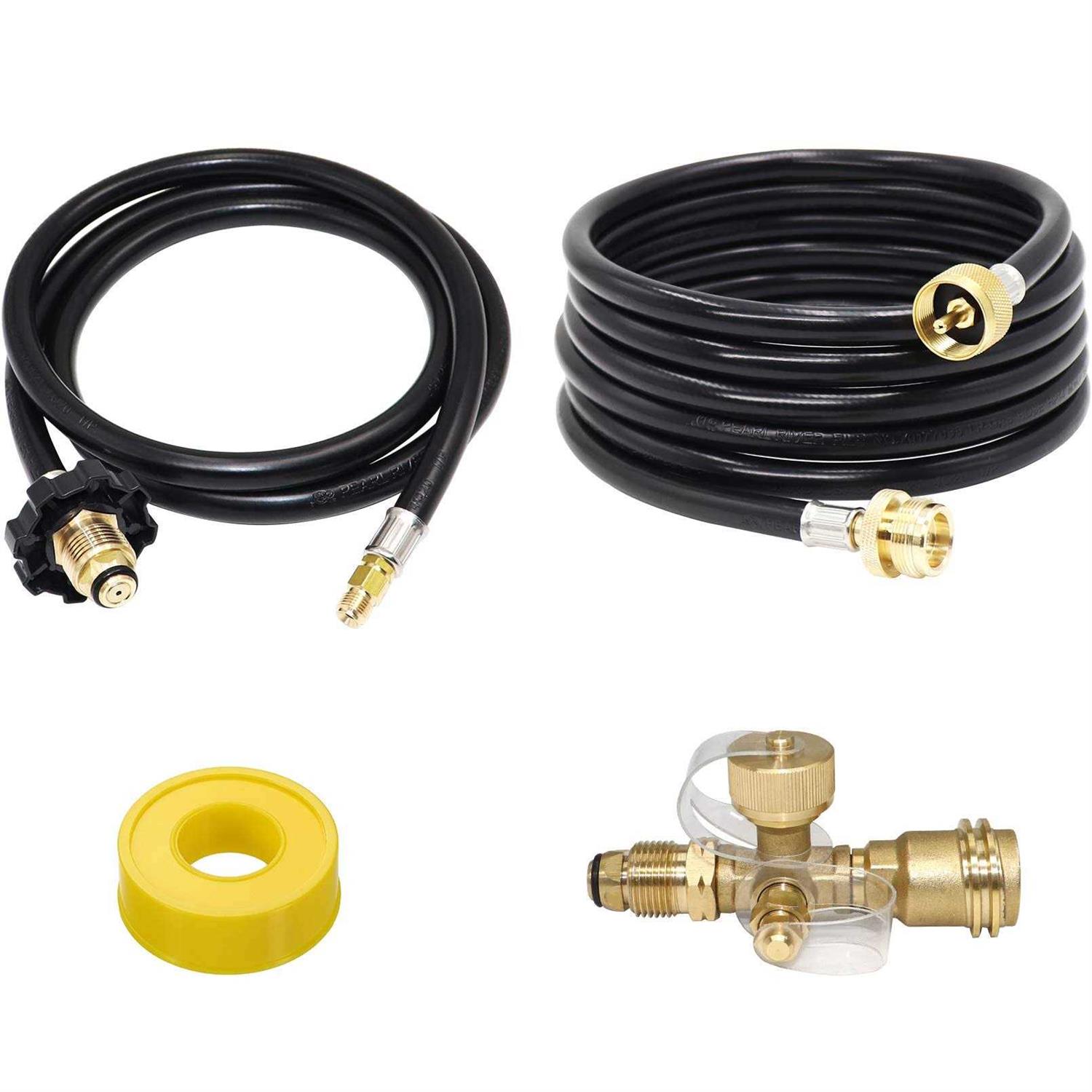 New Upgraded Propane Brass Tee Adapter Kit 4-Port Propane Brass Tee 5ft and 12ft Hoses Allows for Connection Between Auxiliary Propane Cylinder and - Cheap Fitting