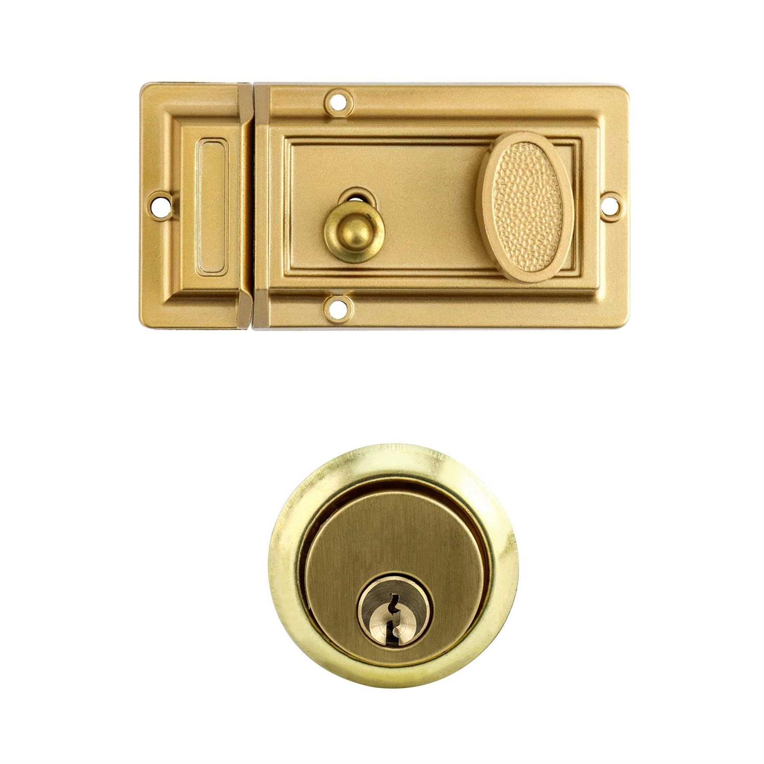 QWORK Night Latch Deadbolt Rim Lock with Key Gold Finish Antique Style Lock with Front Door Key - Cheap Fitting