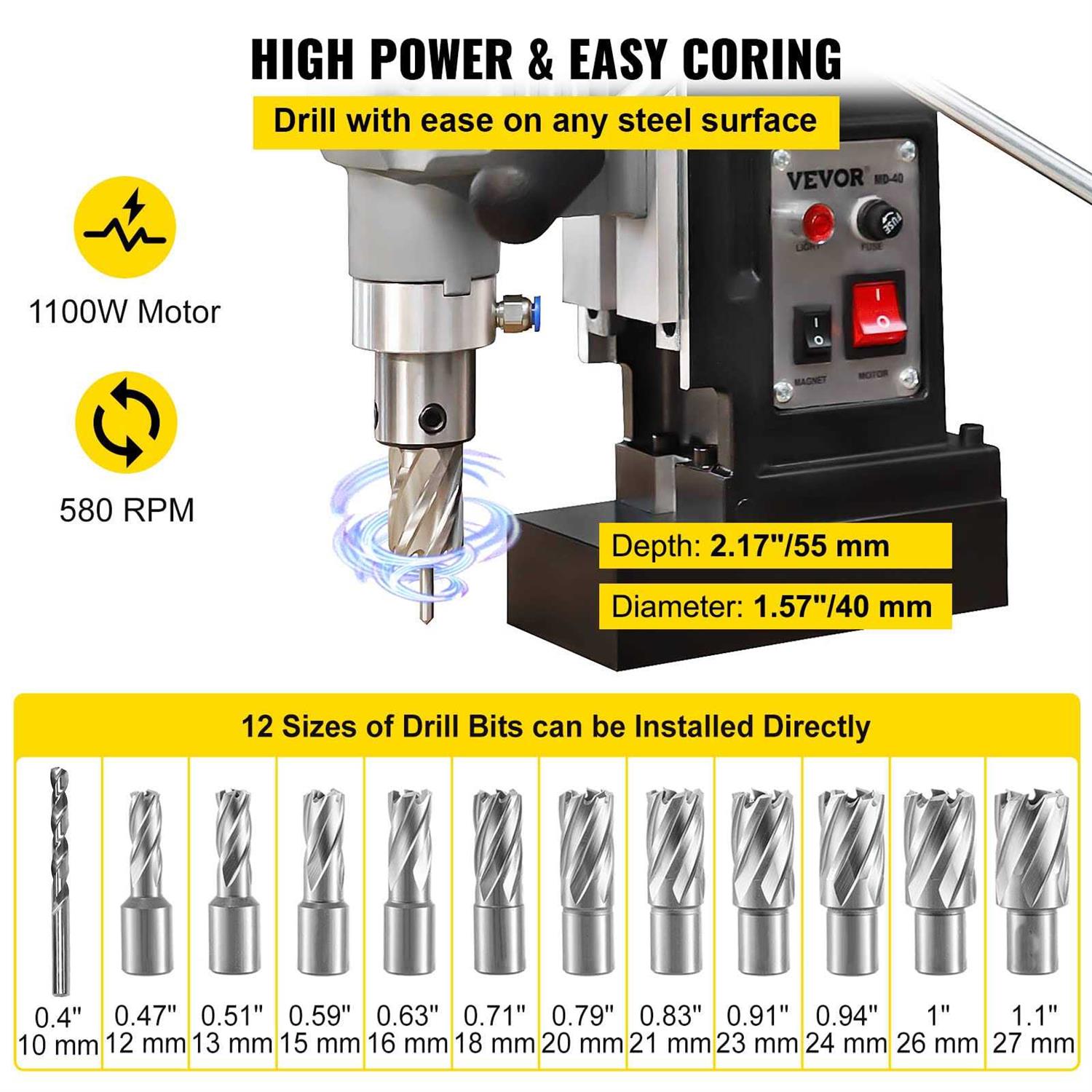 VEVOR Magnetic Drill 1100W 1.57 Boring Diameter 2697lbf/12000N Portable Electric Mag Drill Press with 12 Drilling Bits - Cheap Fitting