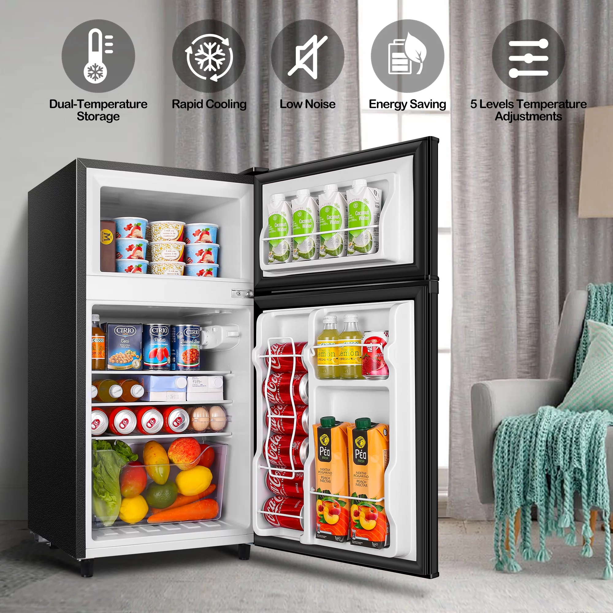 WANAI 3.5 Cu ft Two Door Mini Fridge with Freezer, Black - Cheap Fitting