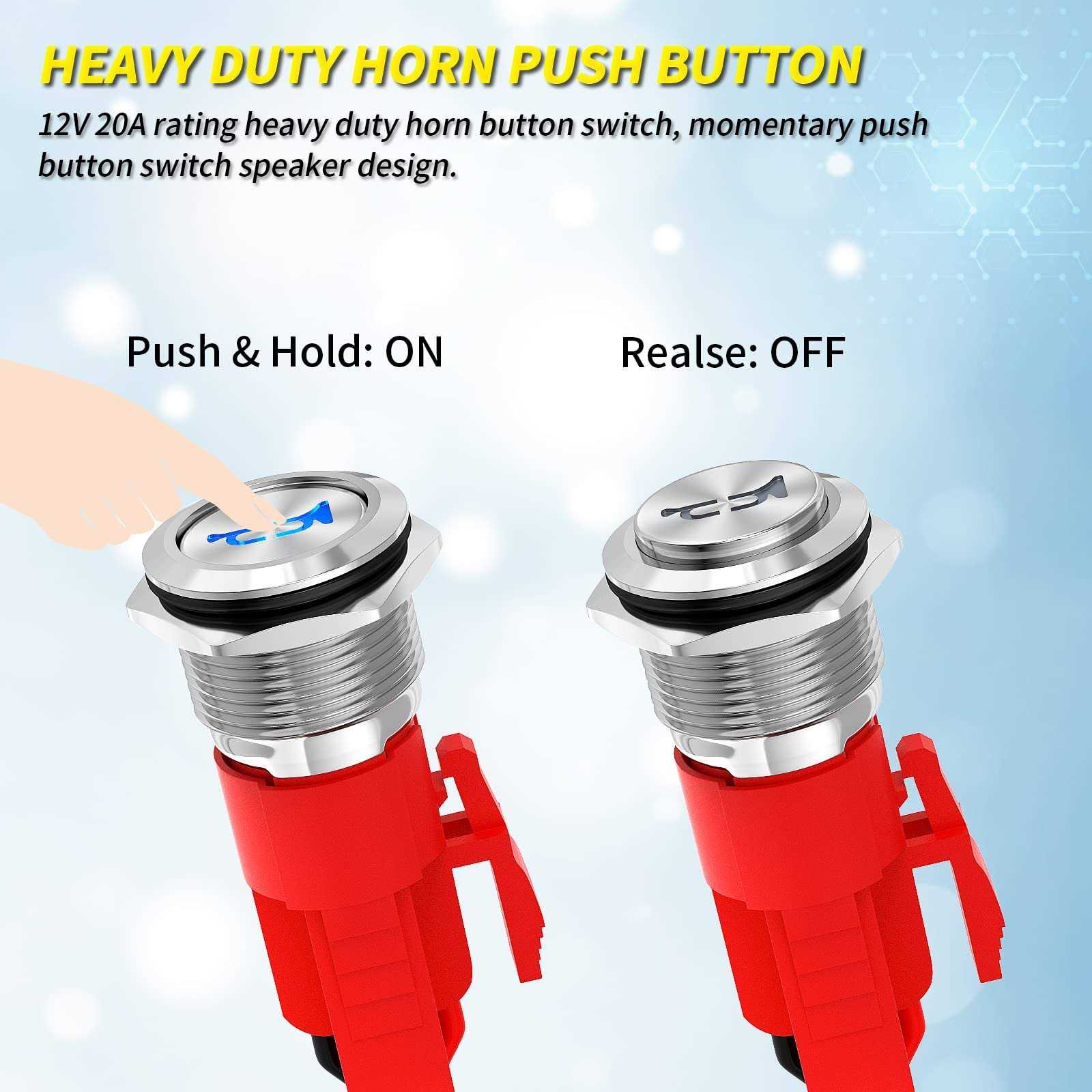 Joinfworld Horn Button 12V 20A Heavy Duty 16MM Metal Horn Switch Speaker Blue LED Illumianted Stainless Steel Momentary Push Button Switch for Marine - Cheap Fitting
